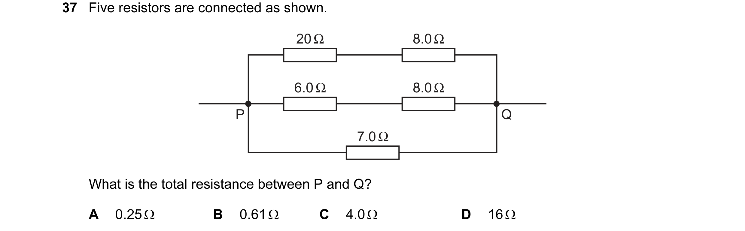 Question 54: Five resistors are connected as shown. 20 Ω 8.0 Ω 6.0 Ω 8.0 Ω P Q 7.0 Ω What is the total resistance between P and Q? A 0.25 Ω B 0.61 Ω C 4…