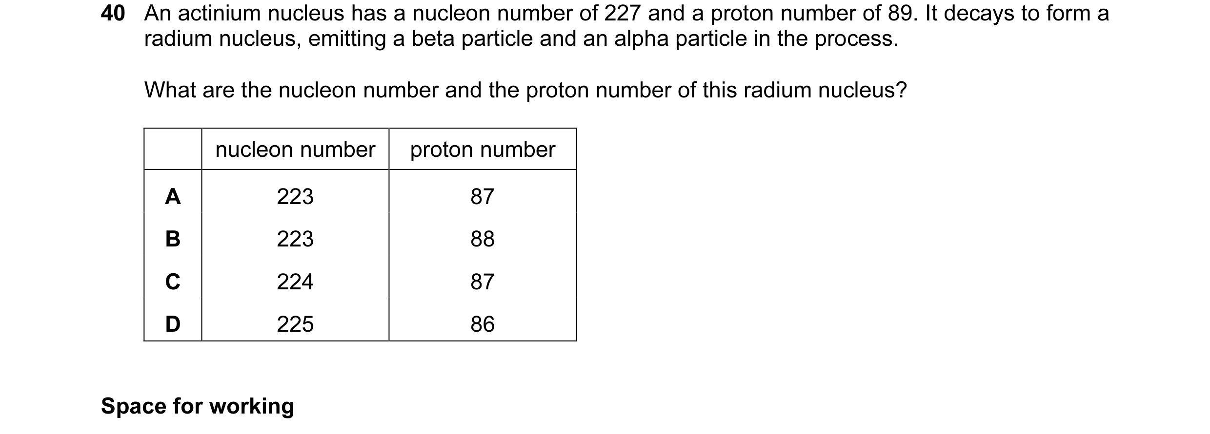 Question 22: An actinium nucleus has a nucleon number of 227 and a proton number of 89. It decays to form a radium nucleus, emitting a beta particle and…