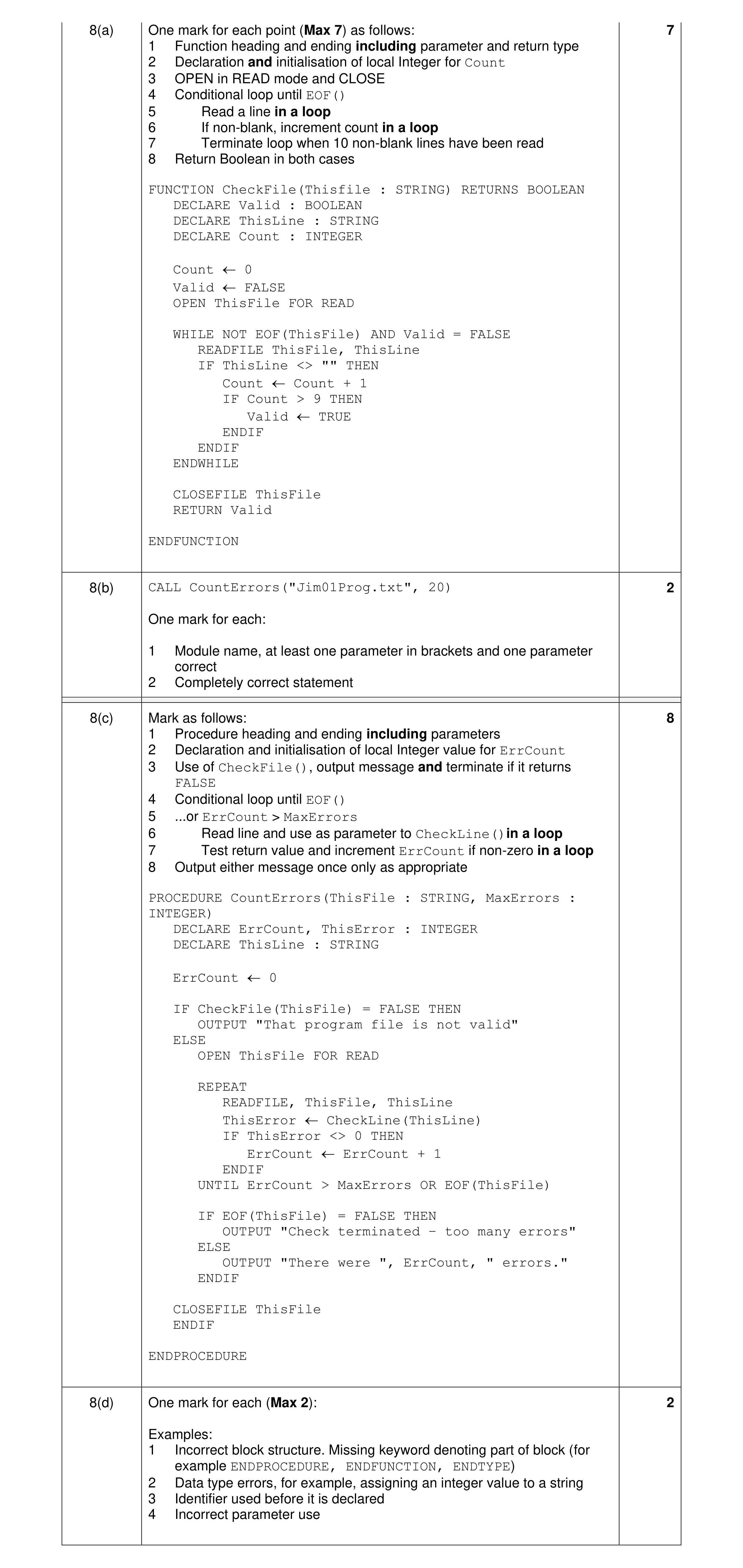 Mark scheme for question 12