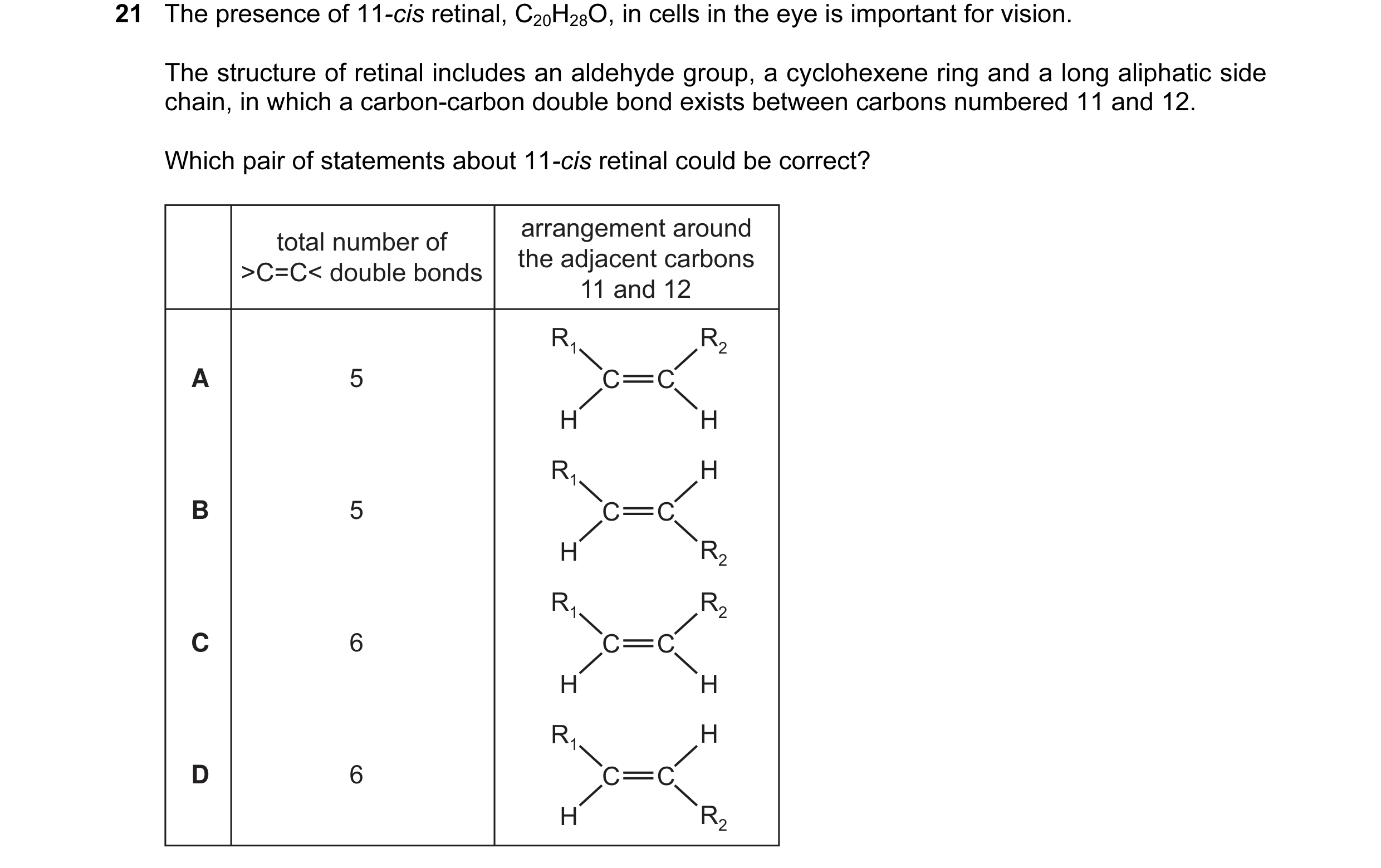 Question 21: The presence of 11-cis retinal, C20H28O, in cells in the eye is important for vision. The structure of retinal includes an aldehyde group, …