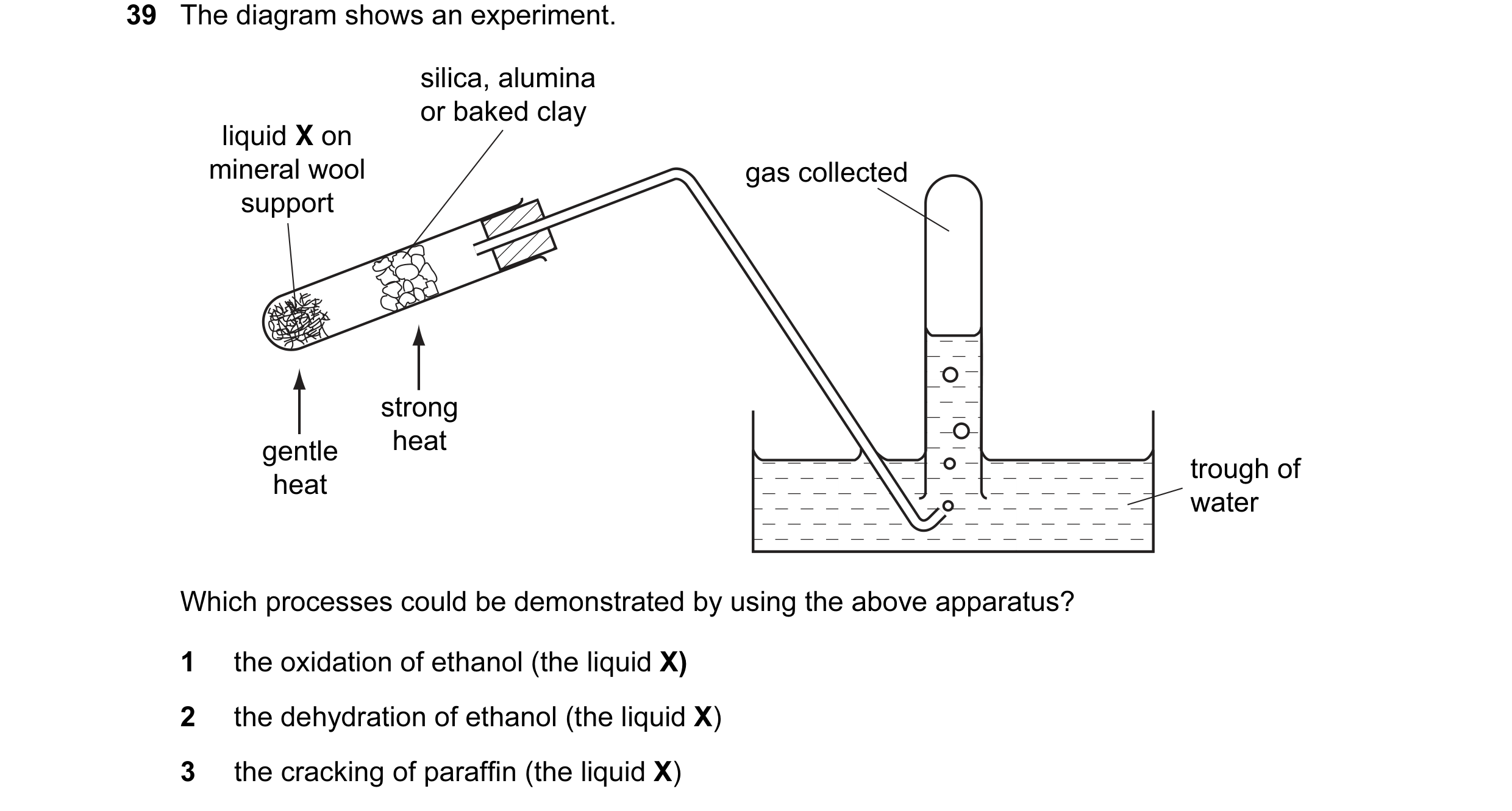 Question 25: The diagram shows an experiment. silica, alumina or baked clay liquid X on mineral wool gas collected support strong gentle heat trough of …