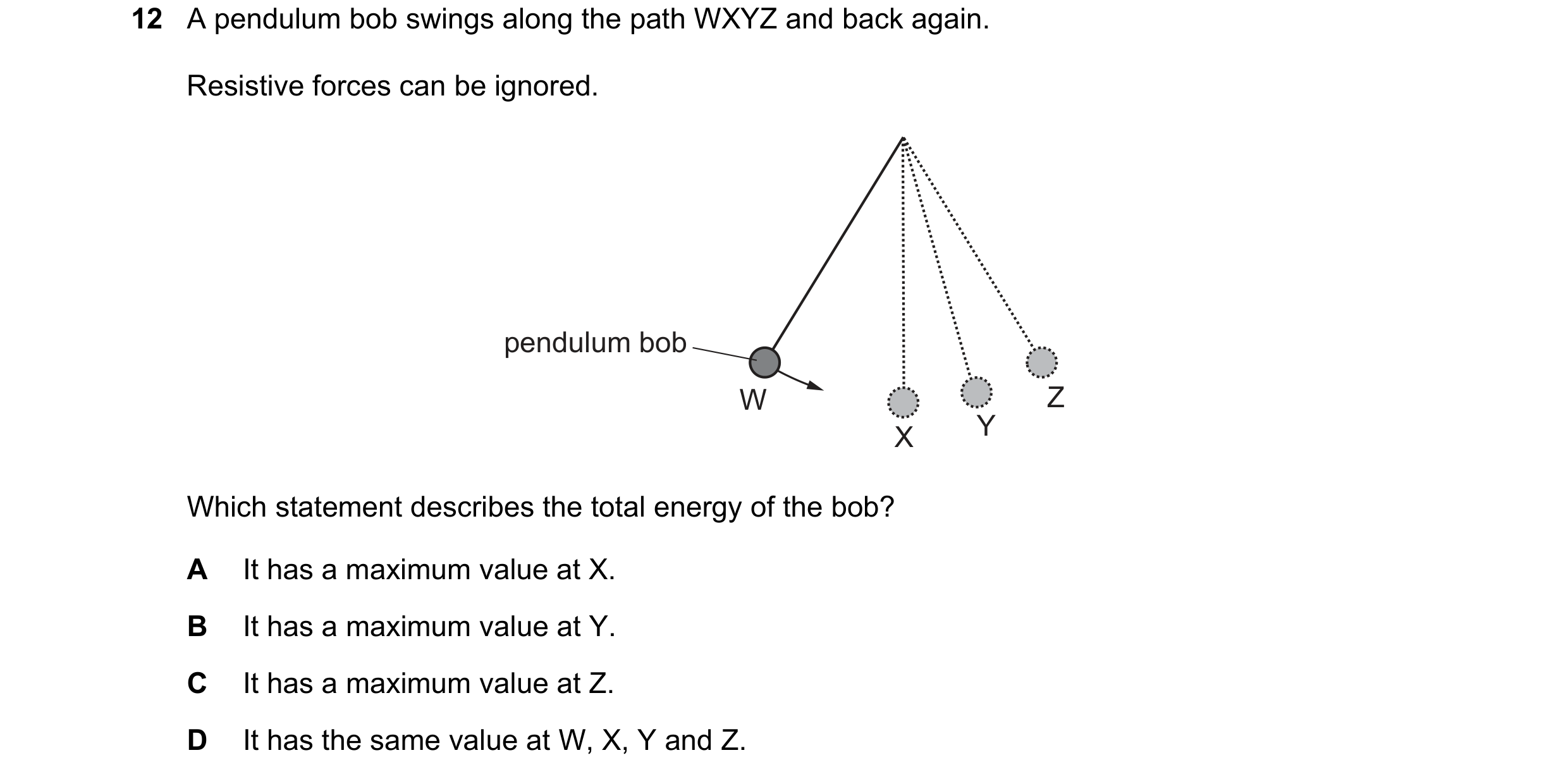 Question 18: A pendulum bob swings along the path WXYZ and back again. Resistive forces can be ignored. pendulum bob W Z X Y Which statement describes t…