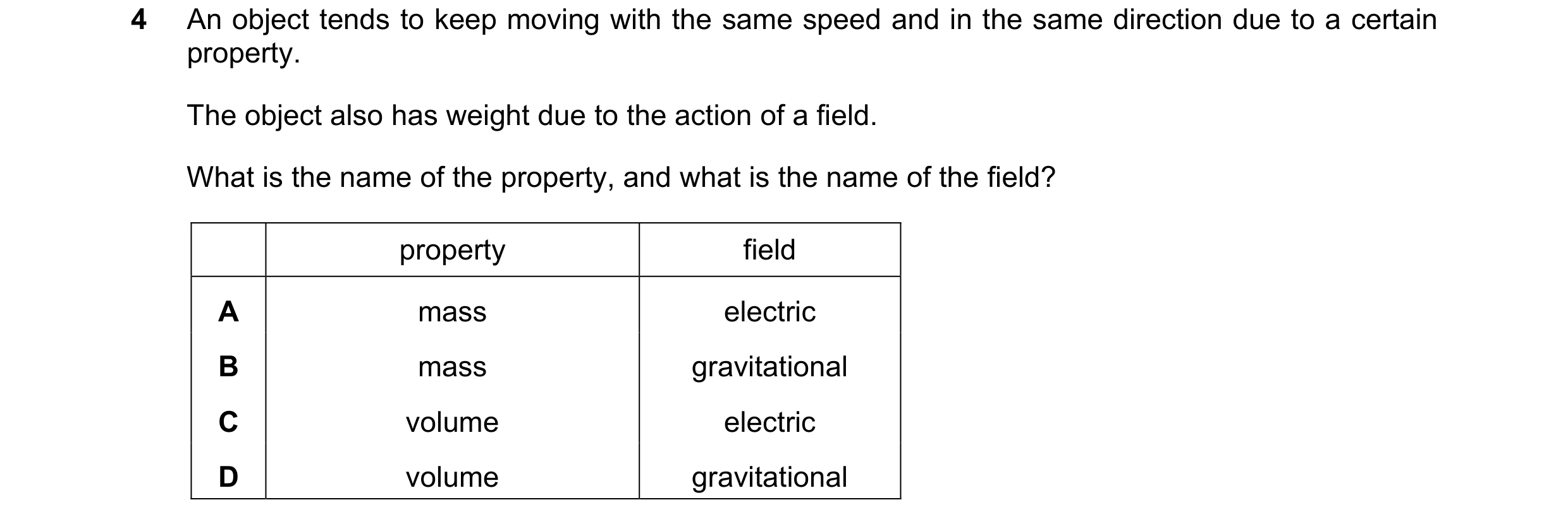 Question 6: An object tends to keep moving with the same speed and in the same direction due to a certain property. The object also has weight due to t…