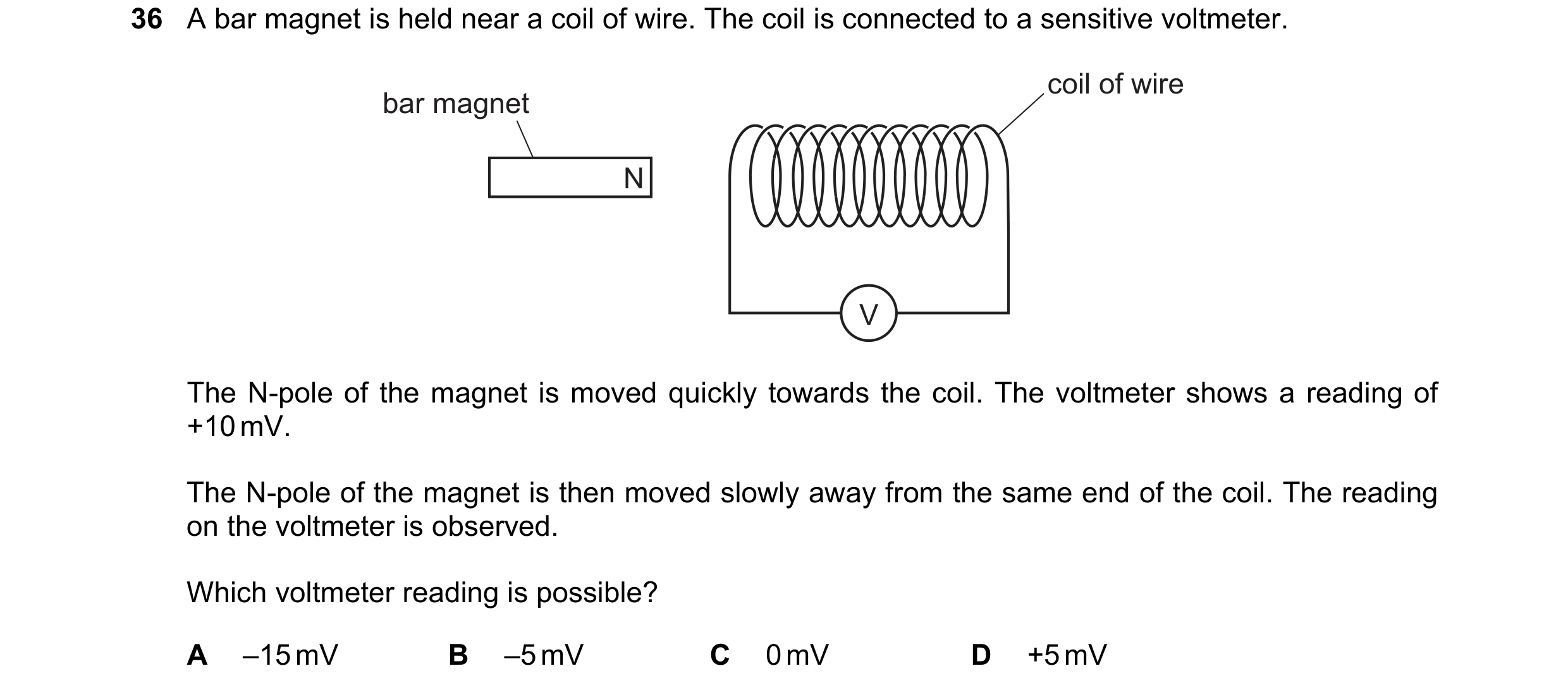 Question 186: A bar magnet is held near a coil of wire. The coil is connected to a sensitive voltmeter. coil of wire bar magnet N V The N-pole of the mag…