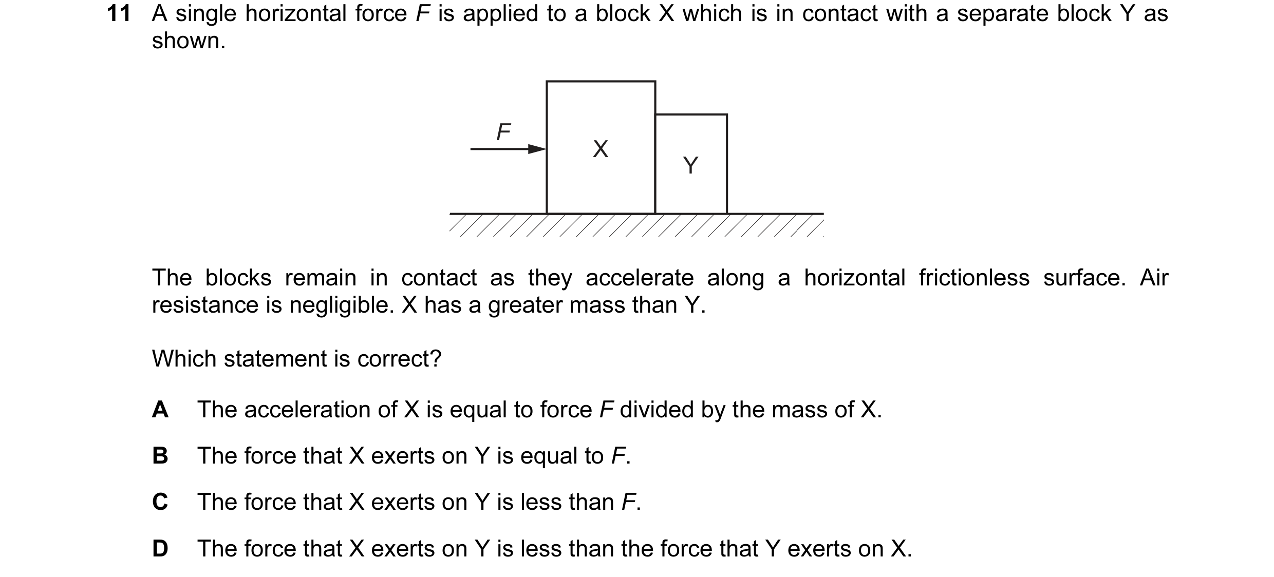 Question 69: A single horizontal force F is applied to a block X which is in contact with a separate block Y as shown. F X Y The blocks remain in contac…