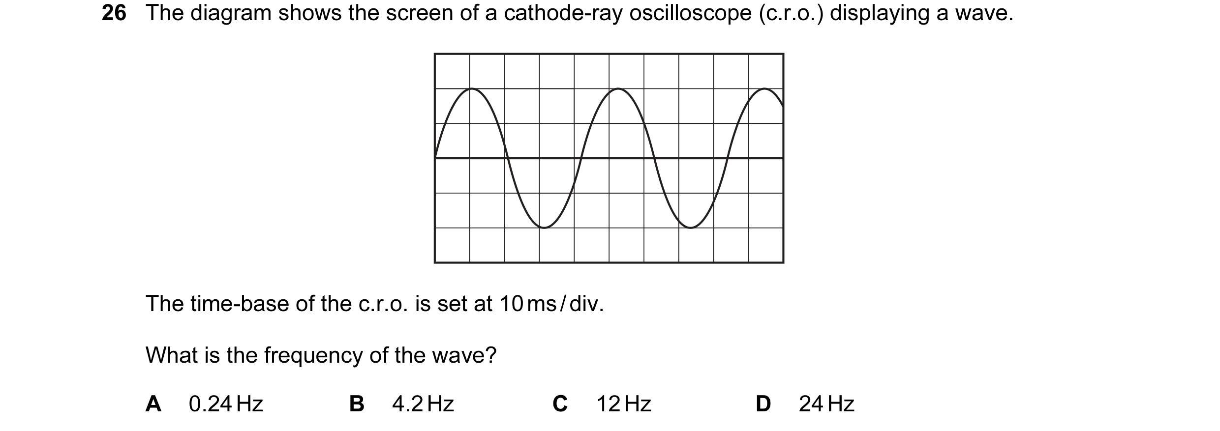 Question 62: The diagram shows the screen of a cathode-ray oscilloscope (c.r.o.) displaying a wave. The time-base of the c.r.o. is set at 10 ms / div. W…