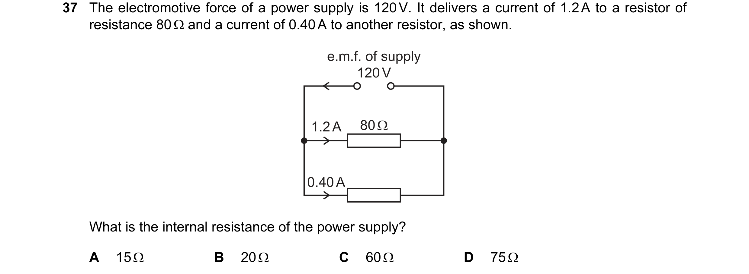 Question 98: The electromotive force of a power supply is 120 V. It delivers a current of 1.2 A to a resistor of resistance 80 Ω and a current of 0.40 A…