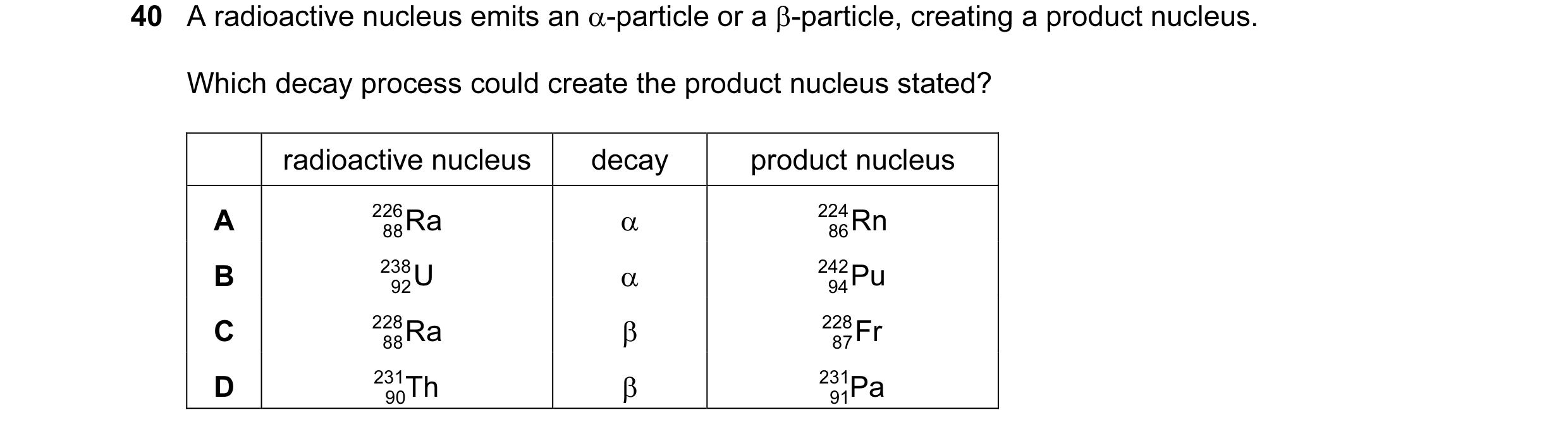 Question 37: A radioactive nucleus emits an α-particle or a β-particle, creating a product nucleus. Which decay process could create the product nucleus…