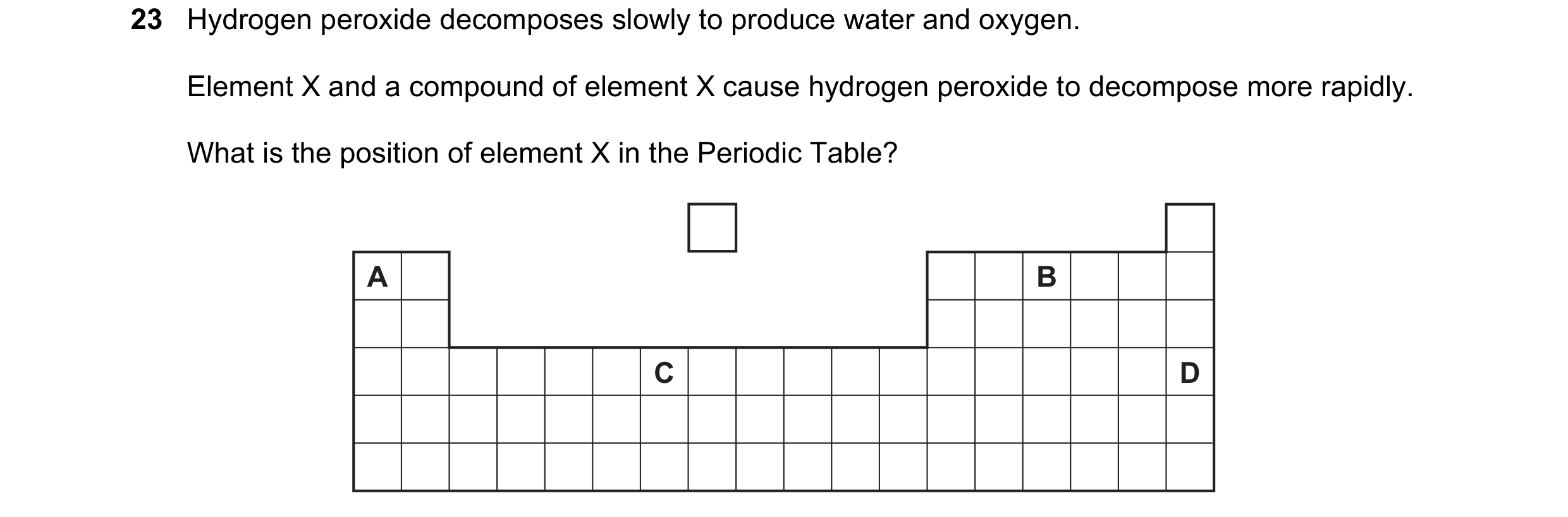 Question 76: Hydrogen peroxide decomposes slowly to produce water and oxygen. Element X and a compound of element X cause hydrogen peroxide to decompose…