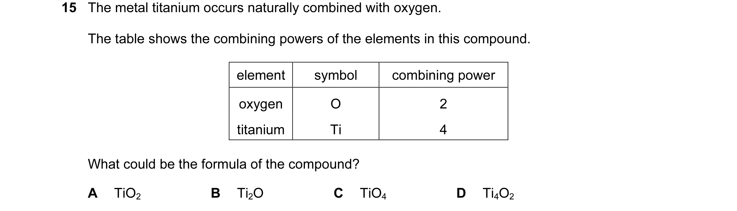 Question 1: The metal titanium occurs naturally combined with oxygen. The table shows the combining powers of the elements in this compound. element sy…