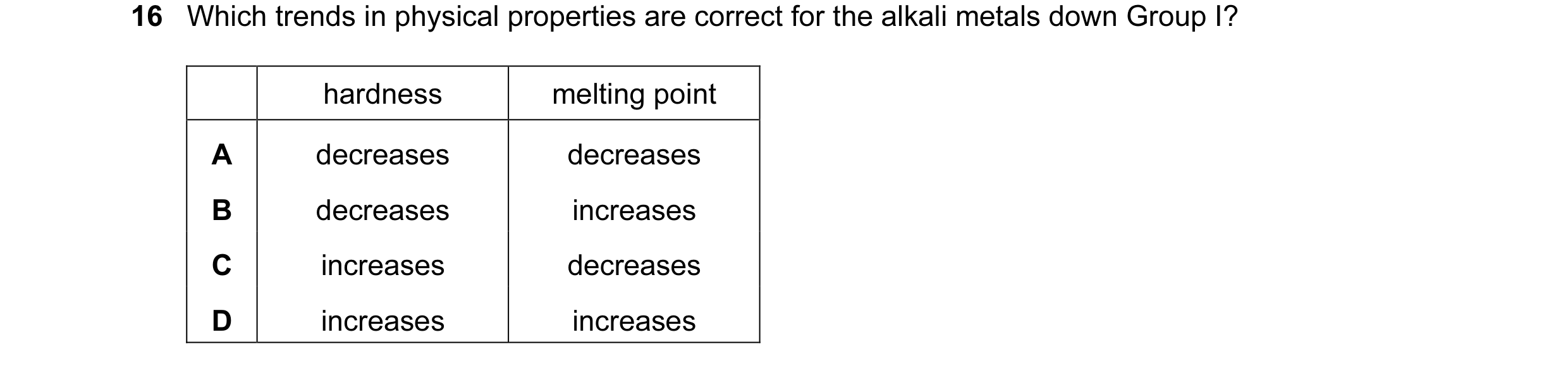 Question 2: Which trends in physical properties are correct for the alkali metals down Group I? hardness melting point A decreases decreases B decrease…