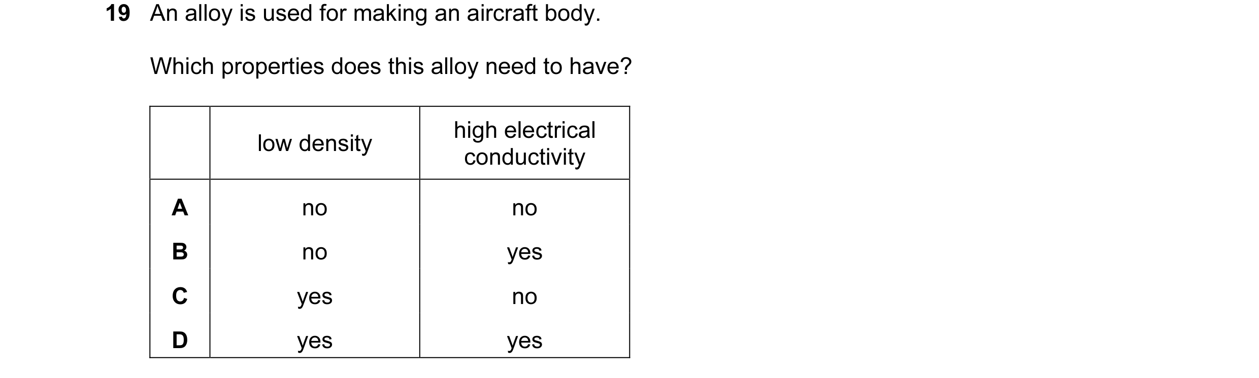 Question 1: An alloy is used for making an aircraft body. Which properties does this alloy need to have? high electrical low density conductivity A no …
