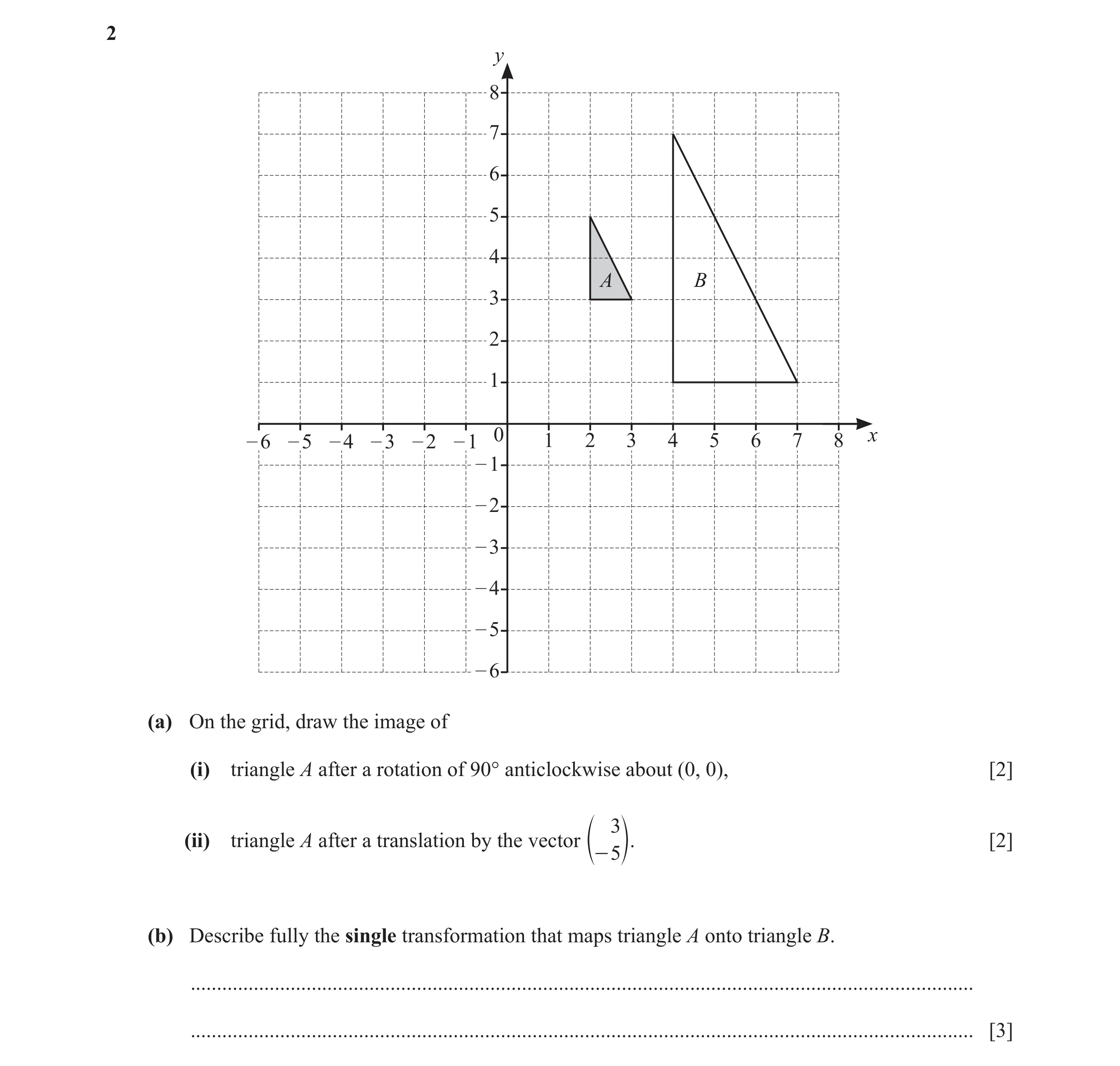Question 22: y 8 7 6 5 4 A B 3 2 1 0 x – 6 – 5 – 4 – 3 – 2 – 1 1 2 3 4 5 6 7 8 – 1 – 2 – 3 – 4 – 5 – 6 (a) On the grid, draw the image of (i) triangle A…