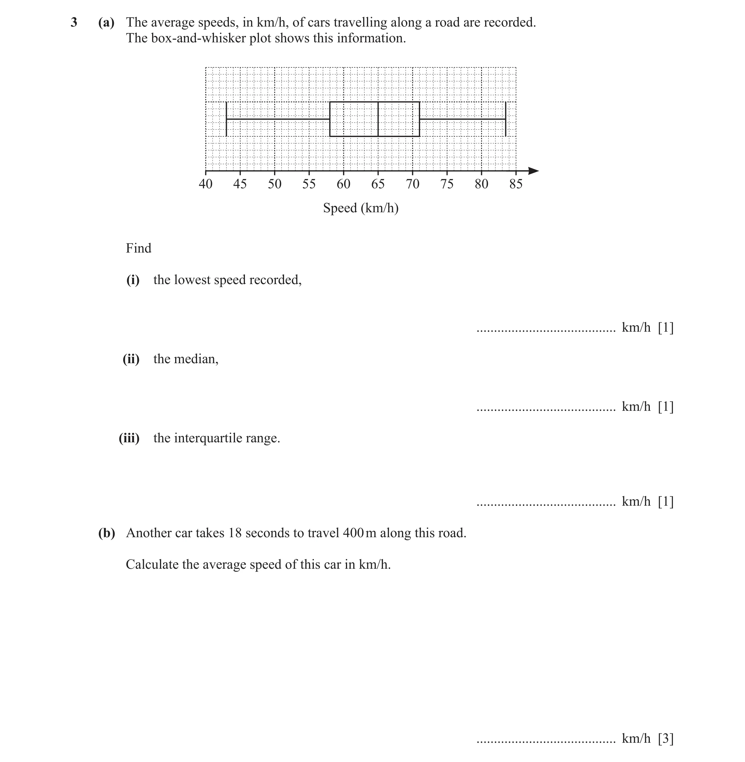 Question 23: (a) The average speeds, in km/h, of cars travelling along a road are recorded. The box-and-whisker plot shows this information. 40 45 50 55…