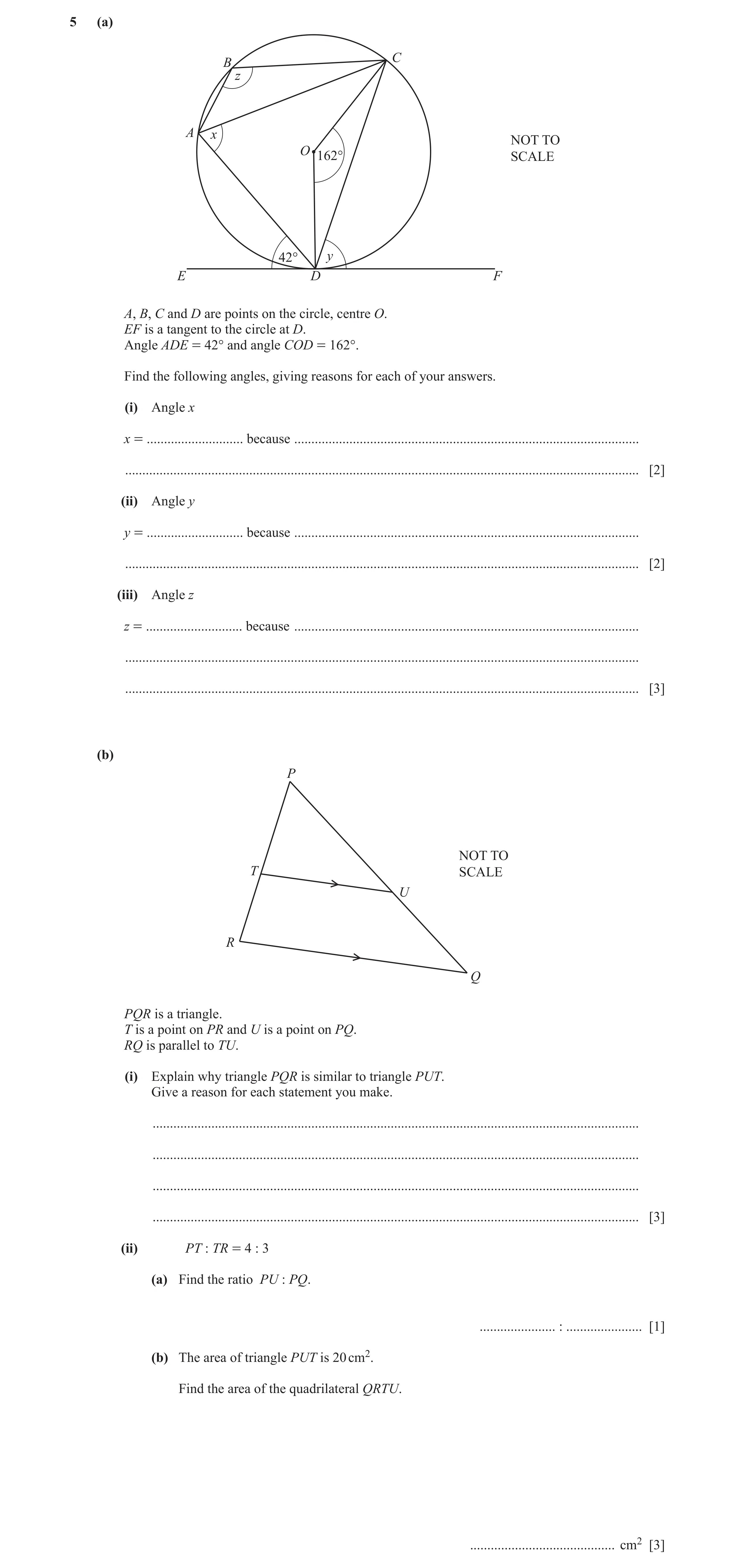 Question 22: (a) C B z A x NOT TO O 162° SCALE 42° y E D F A, B, C and D are points on the circle, centre O. EF is a tangent to the circle at D. Angle A…