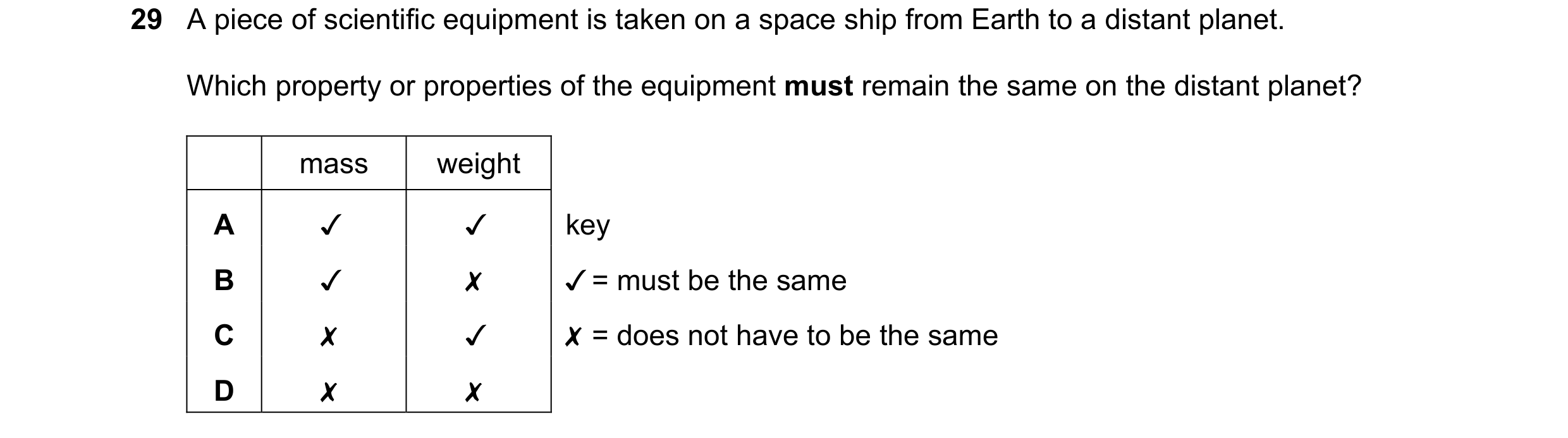 Question 4: A piece of scientific equipment is taken on a space ship from Earth to a distant planet.
Which property or properties of the equipment mus…