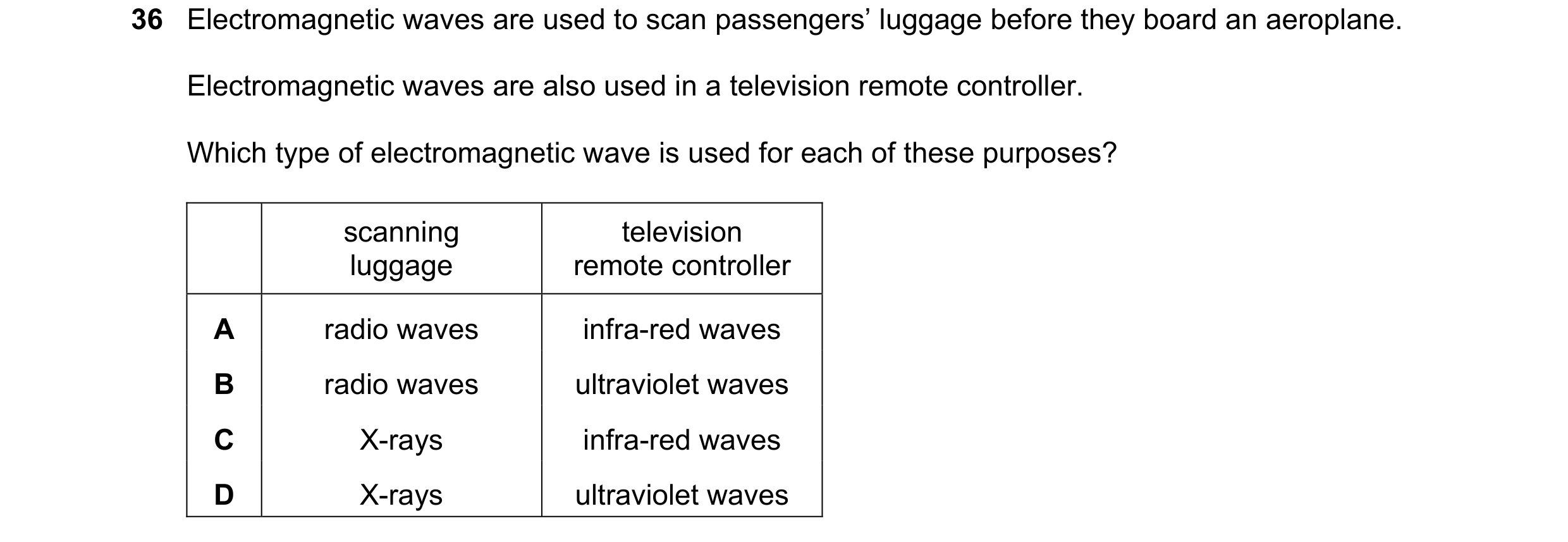 Question 5: Electromagnetic waves are used to scan passengers’ luggage before they board an aeroplane. Electromagnetic waves are also used in a televis…