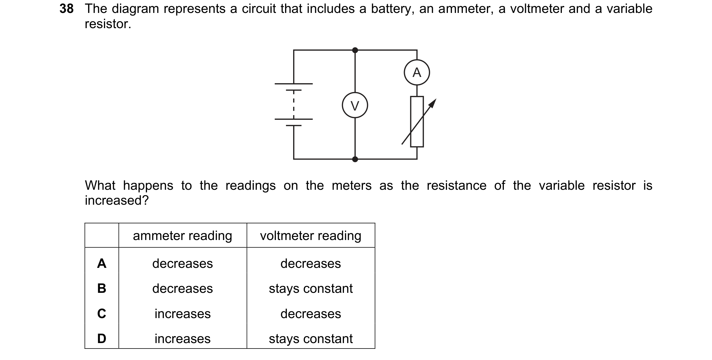Question 100: The diagram represents a circuit that includes a battery, an ammeter, a voltmeter and a variable resistor. A V What happens to the readings…