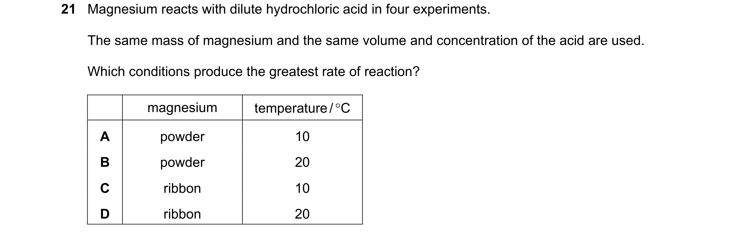 Question 10: Magnesium reacts with dilute hydrochloric acid in four experiments. The same mass of magnesium and the same volume and concentration of the…