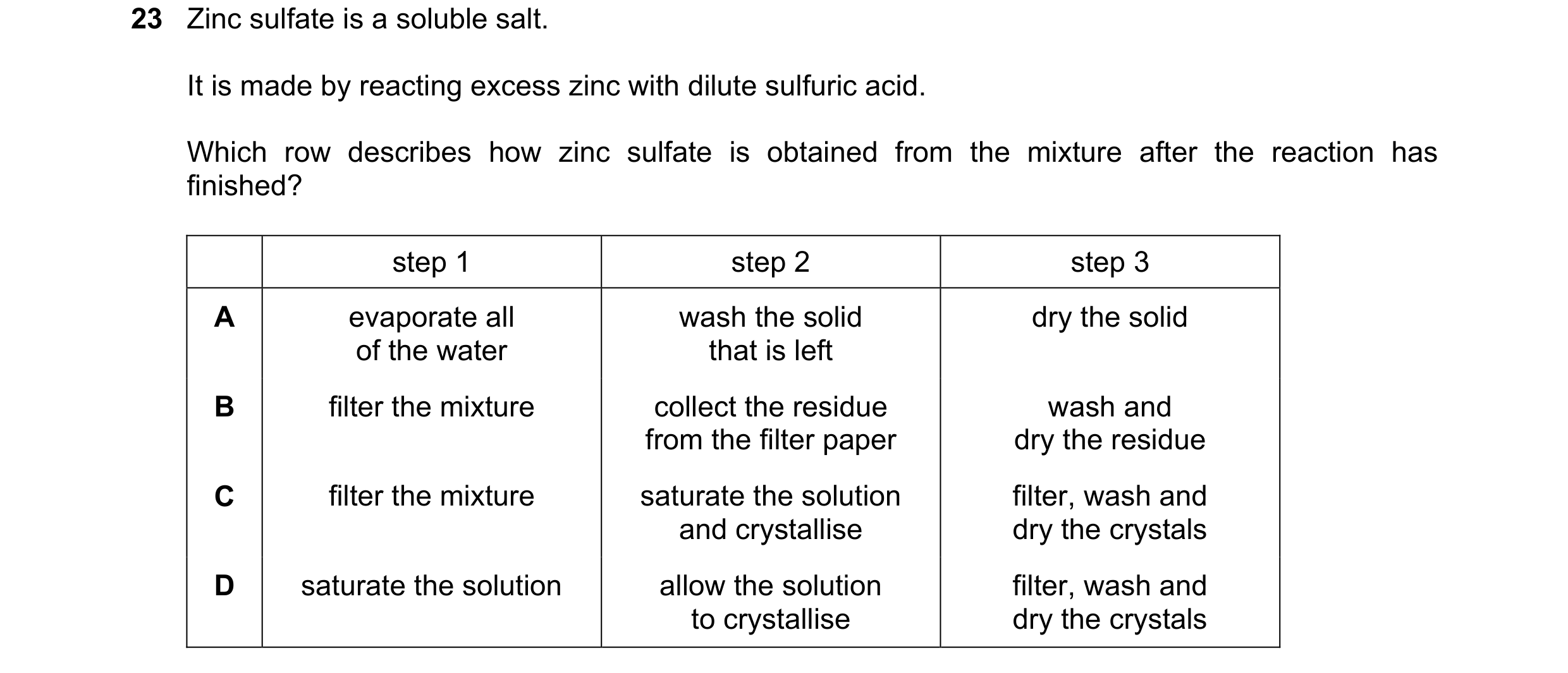 Question 7: Zinc sulfate is a soluble salt. It is made by reacting excess zinc with dilute sulfuric acid. Which row describes how zinc sulfate is obtai…