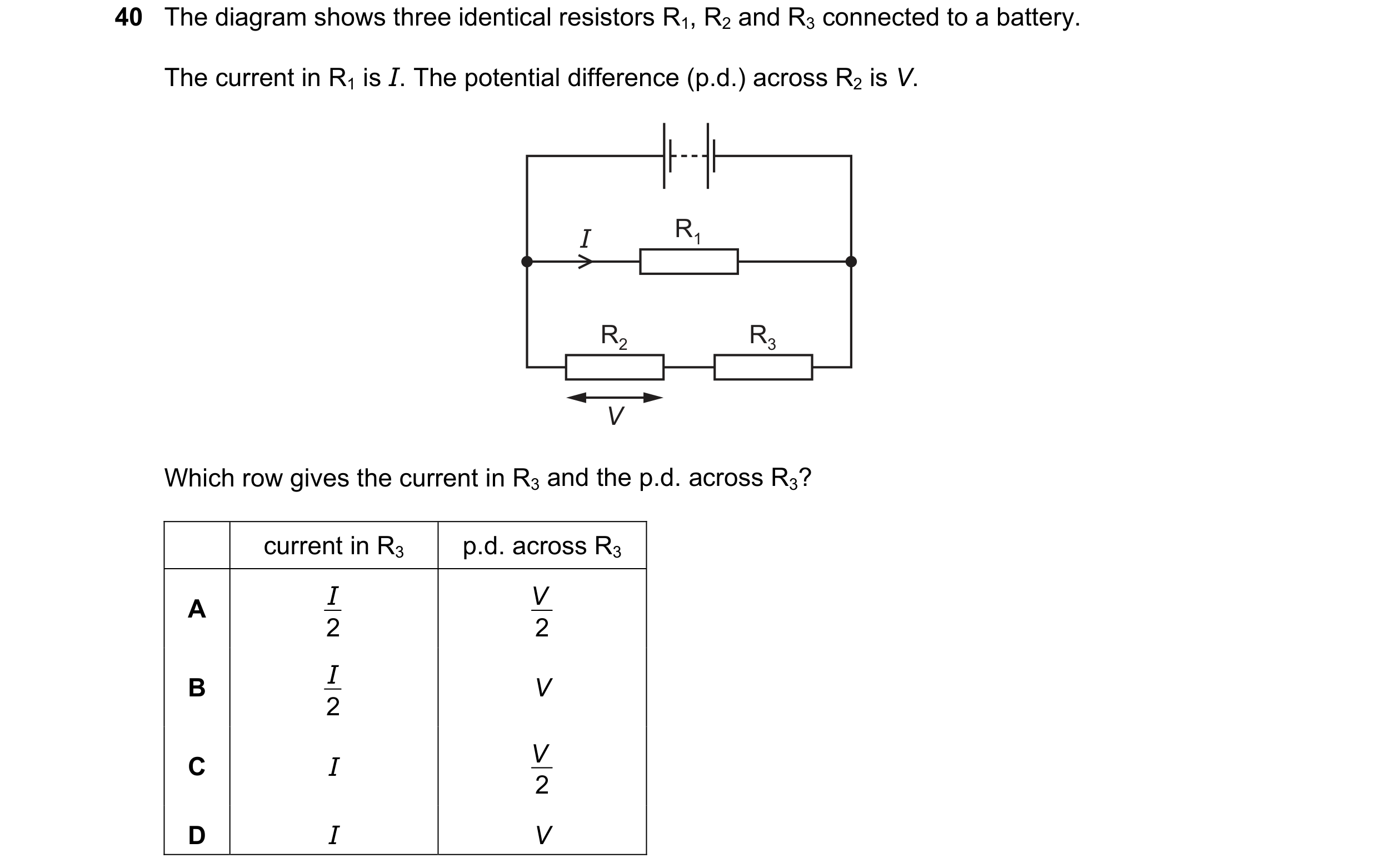 Question 14: The diagram shows three identical resistors R1, R2 and R3 connected to a battery. The current in R1 is I. The potential difference (p.d.) a…