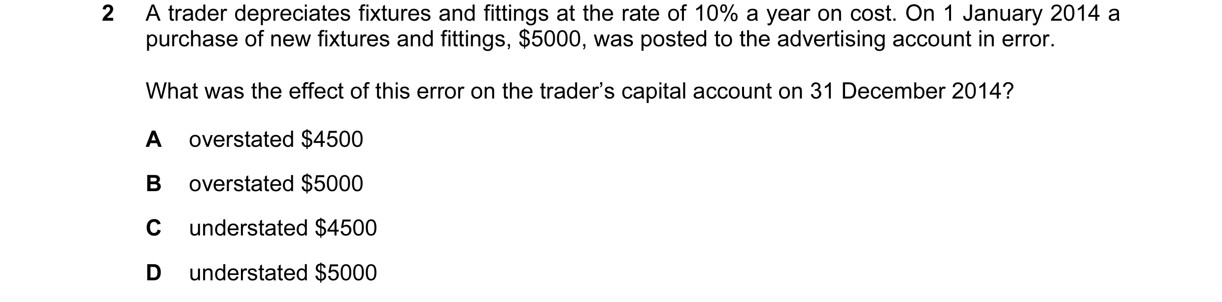 Question 90: A trader depreciates fixtures and fittings at the rate of 10% a year on cost. On 1 January 2014 a purchase of new fixtures and fittings, $5…