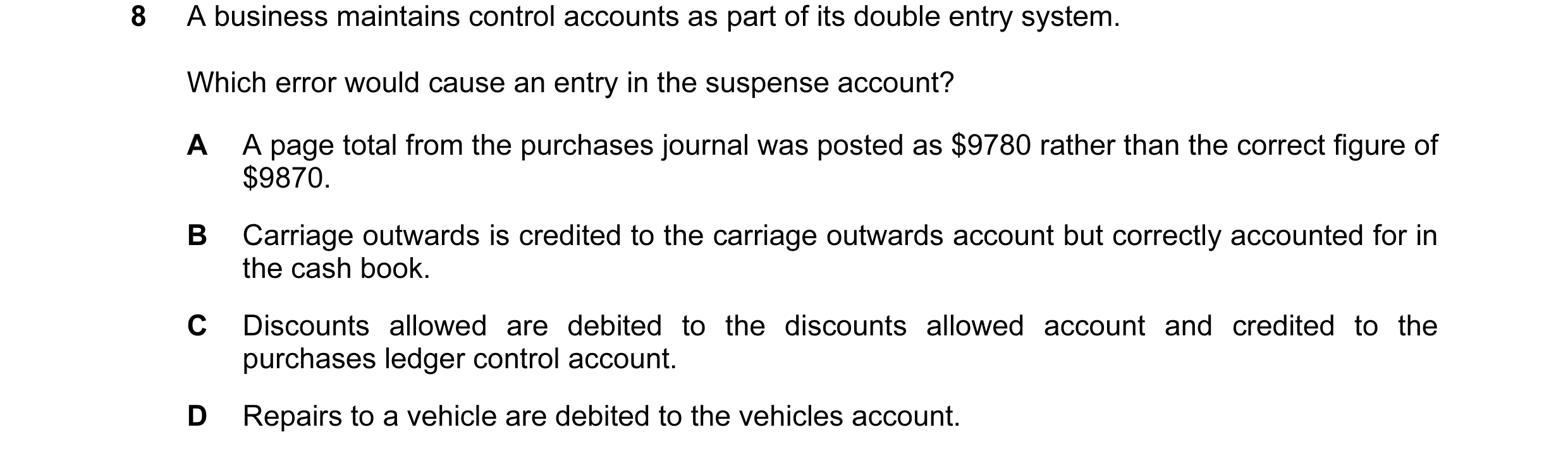 Question 147: A business maintains control accounts as part of its double entry system. Which error would cause an entry in the suspense account? A A pag…