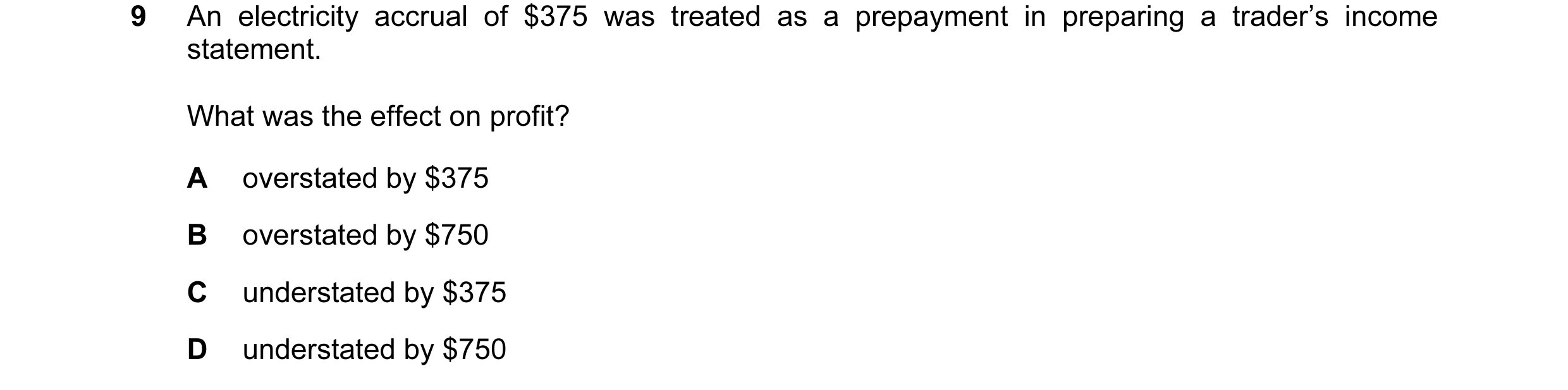 Question 416: An electricity accrual of $375 was treated as a prepayment in preparing a trader’s income statement. What was the effect on profit? A overs…
