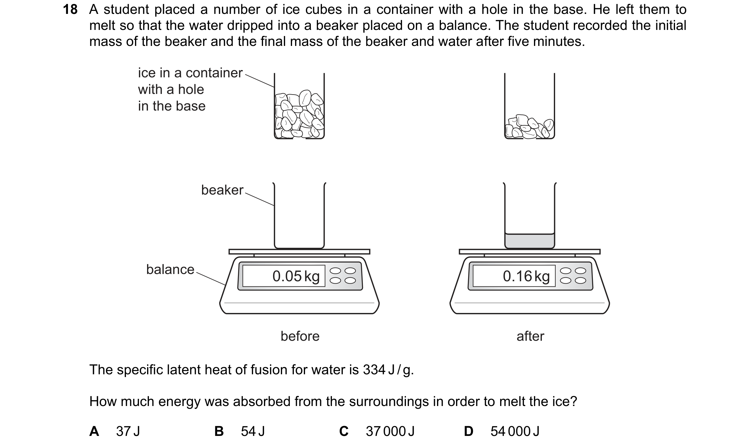 Question 21: A student placed a number of ice cubes in a container with a hole in the base. He left them to melt so that the water dripped into a beaker…