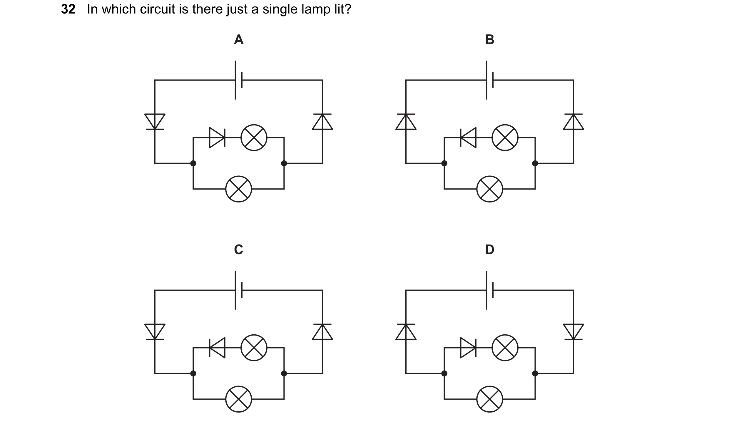 Question 48: In which circuit is there just a single lamp lit? A B C D