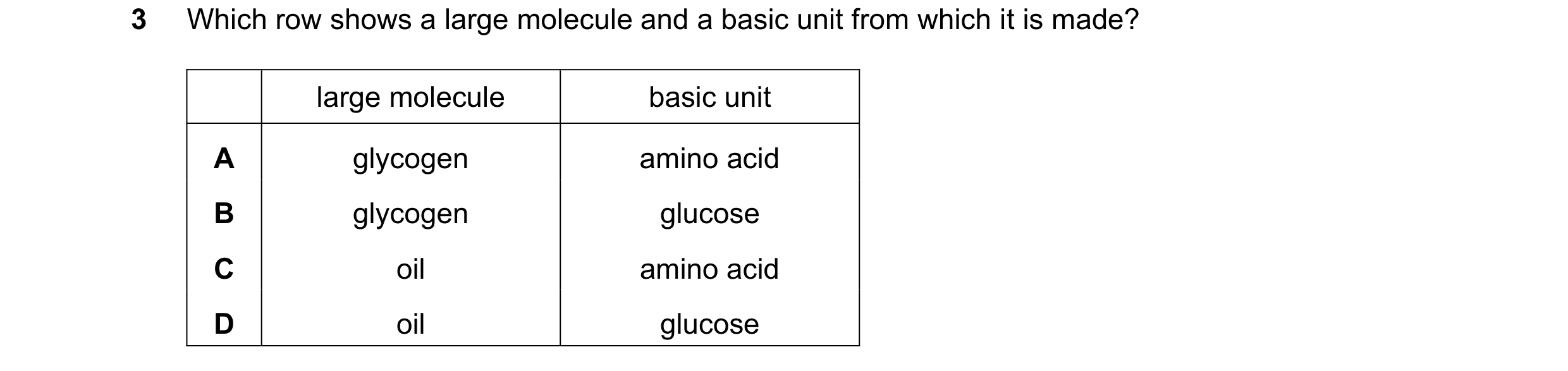 Question 8: Which row shows a large molecule and a basic unit from which it is made? large molecule basic unit A glycogen amino acid B glycogen glucose…