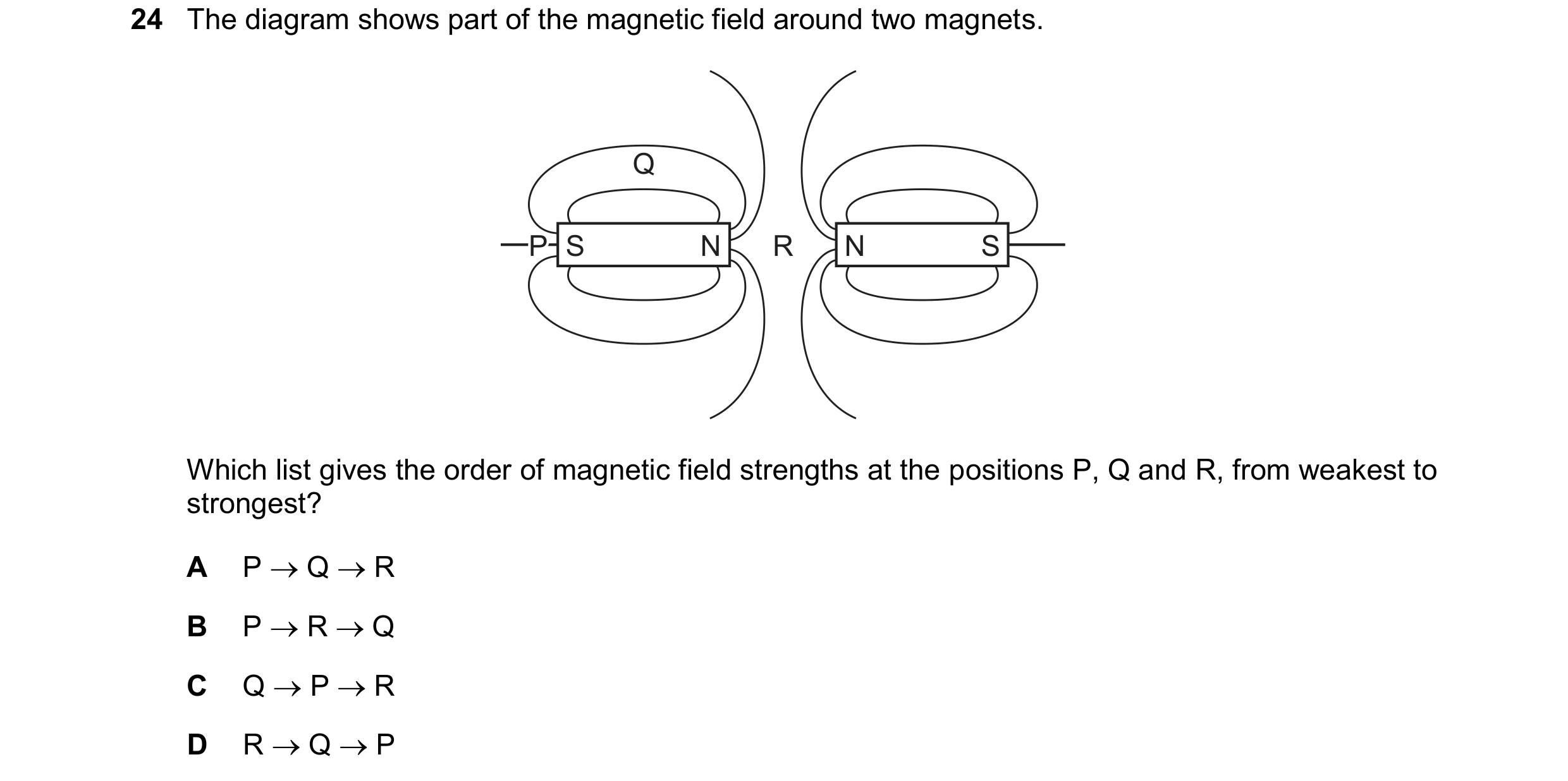 Question 138: The diagram shows part of the magnetic field around two magnets. Q P P S N R N S Which list gives the order of magnetic field strengths at …