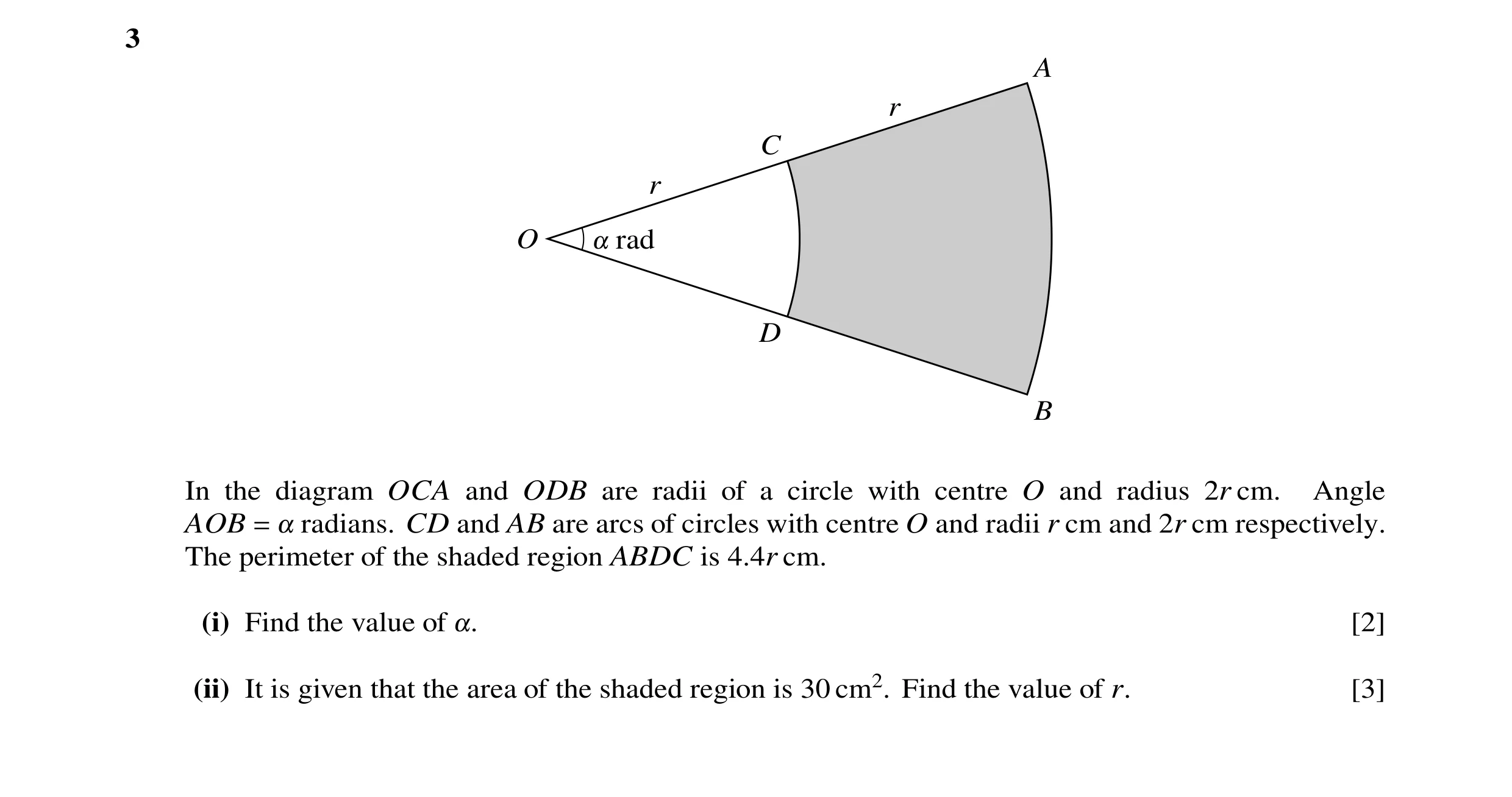 Question 23: A r C r O ! rad D B In the diagram OCA and ODB are radii of a circle with centre O and radius 2r cm. Angle AOB = ! radians. CD and AB are a…