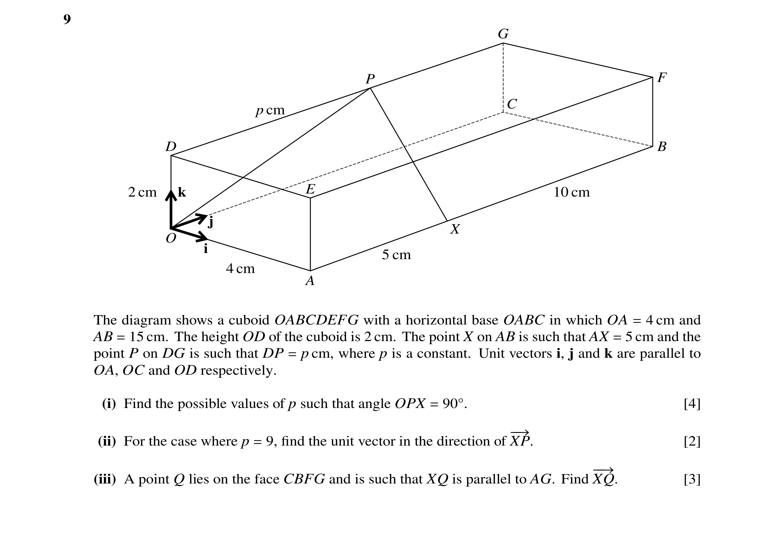 Question 41: G P F p cm C D B 2 cm k E 10 cm j X O i 5 cm 4 cm A The diagram shows a cuboid OABCDEFG with a horizontal base OABC in which OA = 4 cm and …