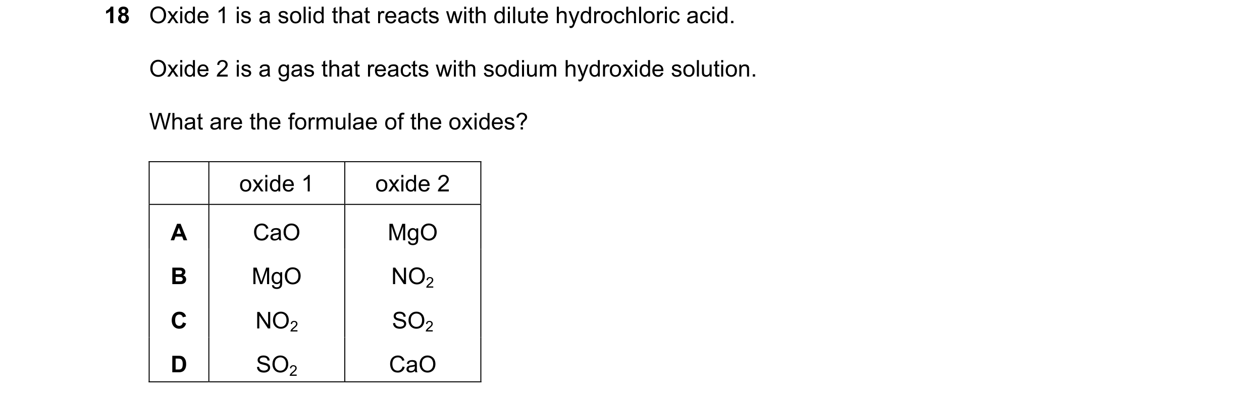 Question 16: Oxide 1 is a solid that reacts with dilute hydrochloric acid. Oxide 2 is a gas that reacts with sodium hydroxide solution. What are the for…