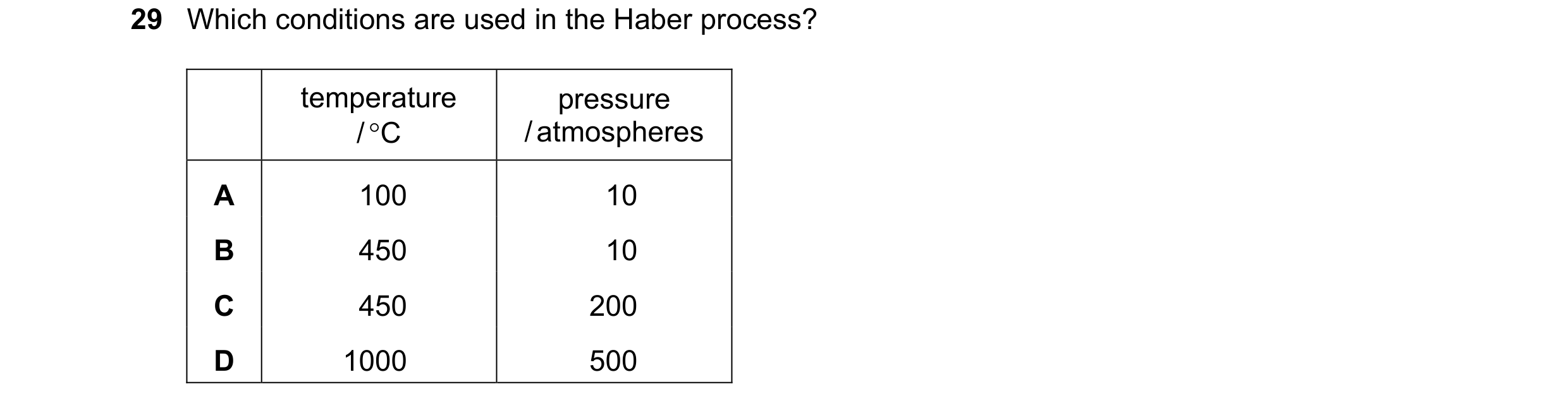 Question 20: Which conditions are used in the Haber process? temperature pressure / C / atmospheres A 100 10 B 450 10 C 450 200 D 1000 500