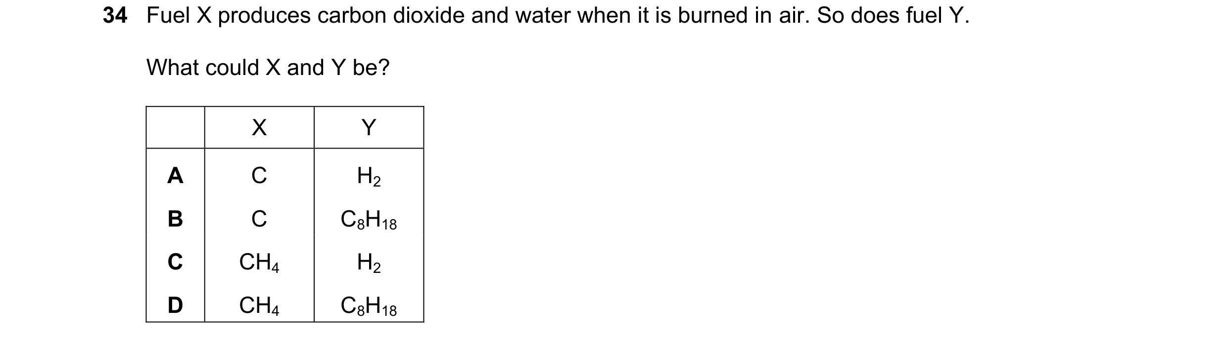 Question 12: Fuel X produces carbon dioxide and water when it is burned in air. So does fuel Y. What could X and Y be? X Y A C H2 B C C8H18 C CH4 H2 D C…