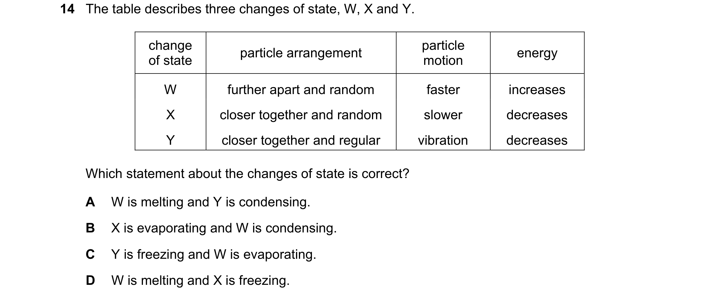 Question 19: The table describes three changes of state, W, X and Y. change particle particle arrangement energy of state motion W further apart and ran…