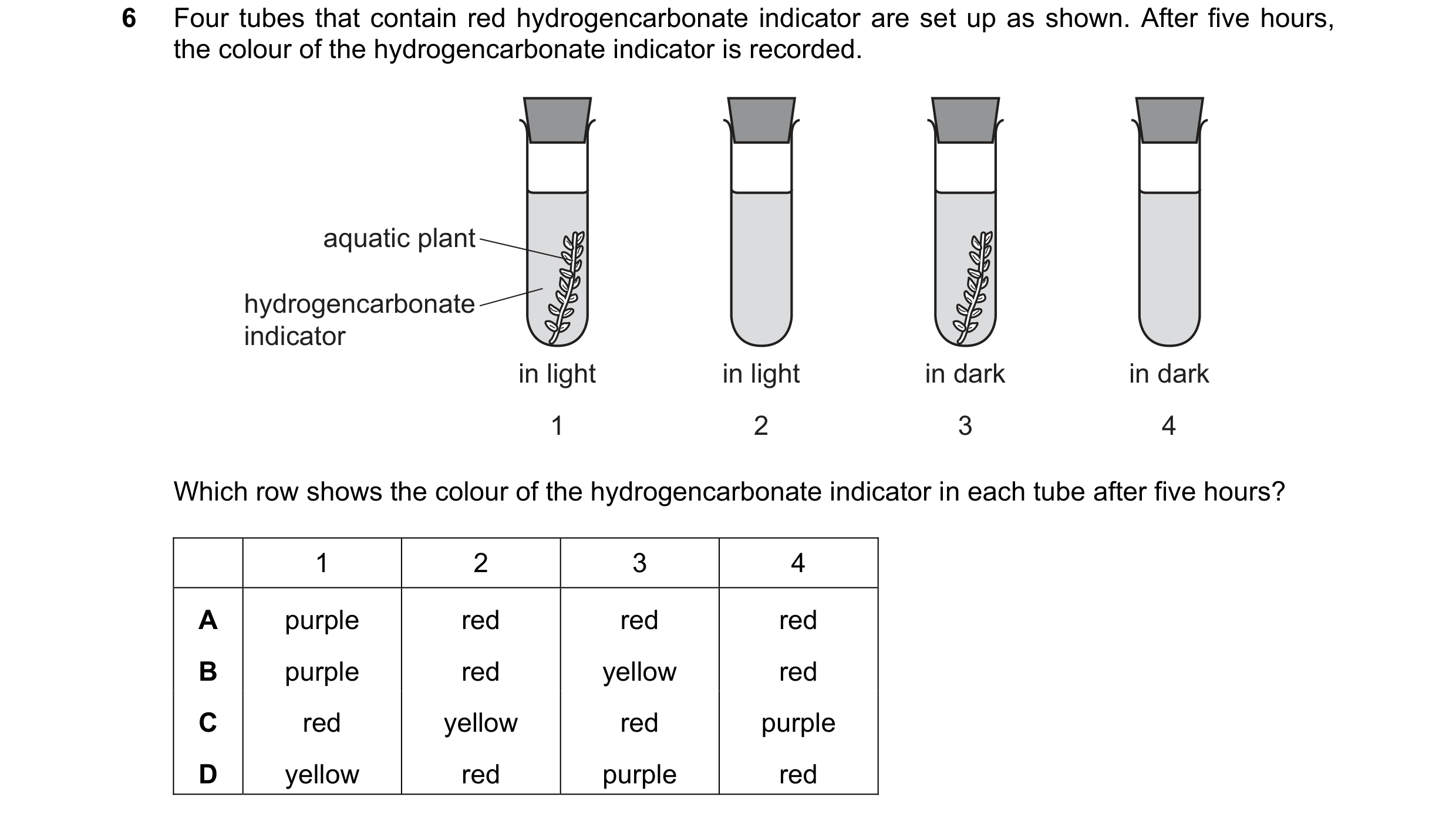 Question 48: Four tubes that contain red hydrogencarbonate indicator are set up as shown. After five hours, the colour of the hydrogencarbonate indicato…