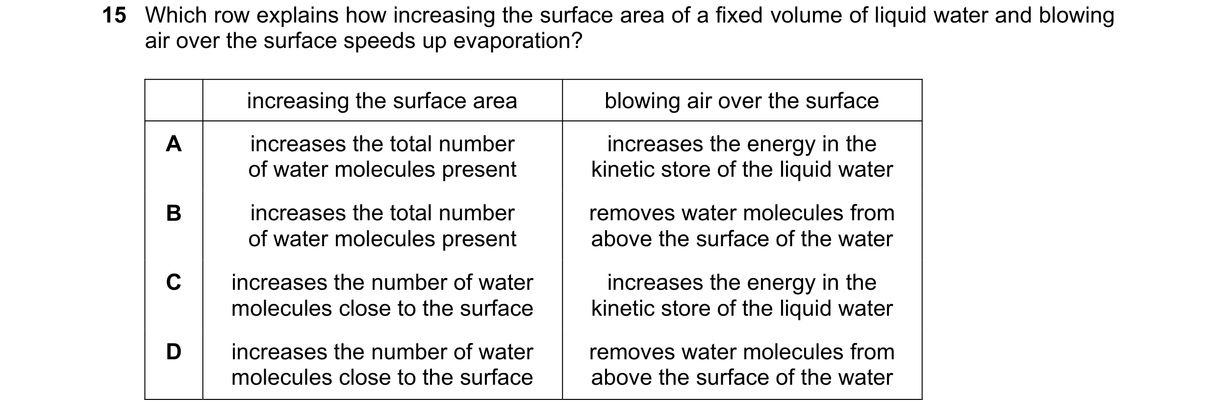 Question 147: Which row explains how increasing the surface area of a fixed volume of liquid water and blowing air over the surface speeds up evaporation…