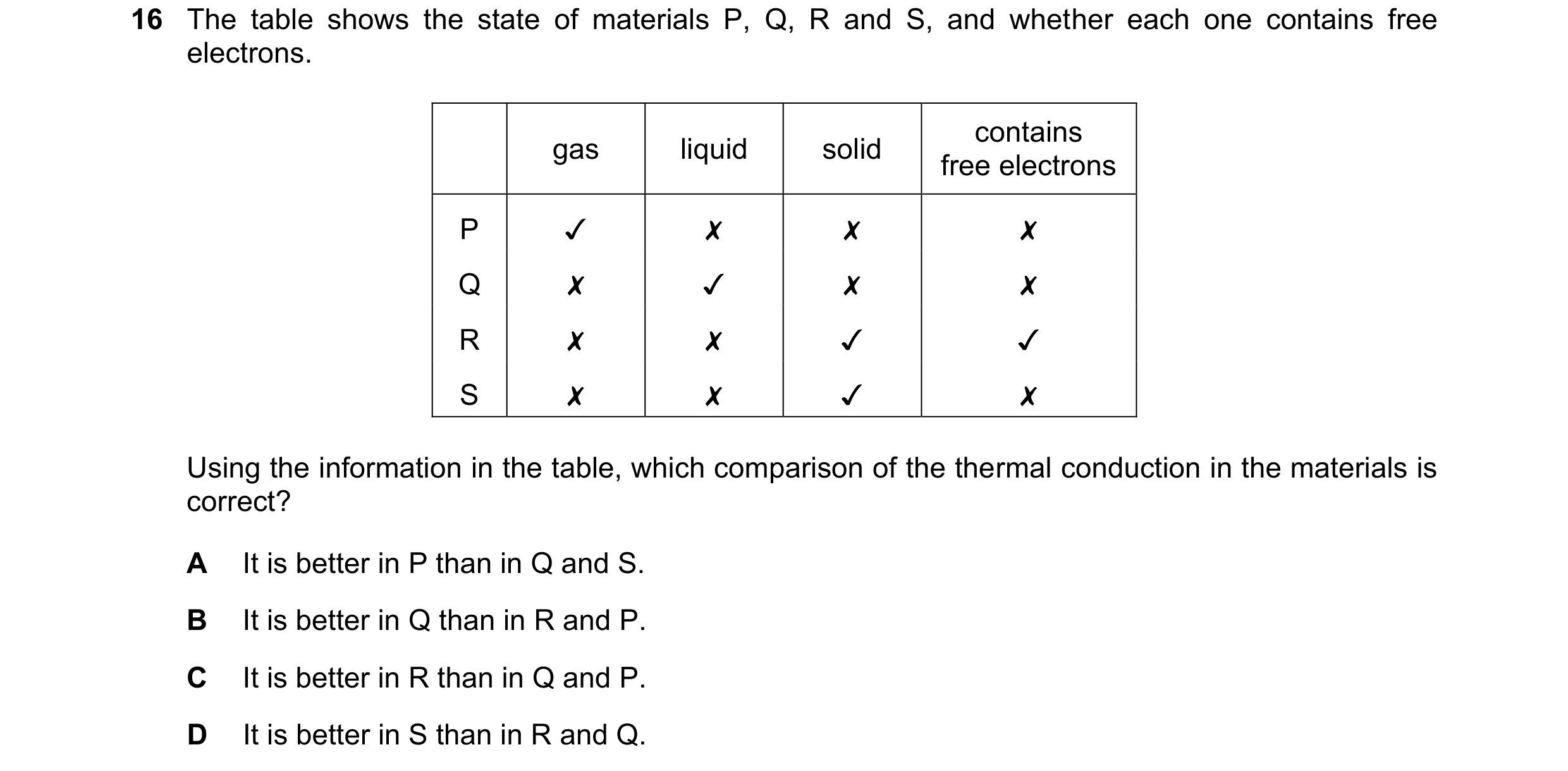 Question 94: The table shows the state of materials P, Q, R and S, and whether each one contains free
electrons.
gas liquid solid fee en ns
P J x x x
Q…