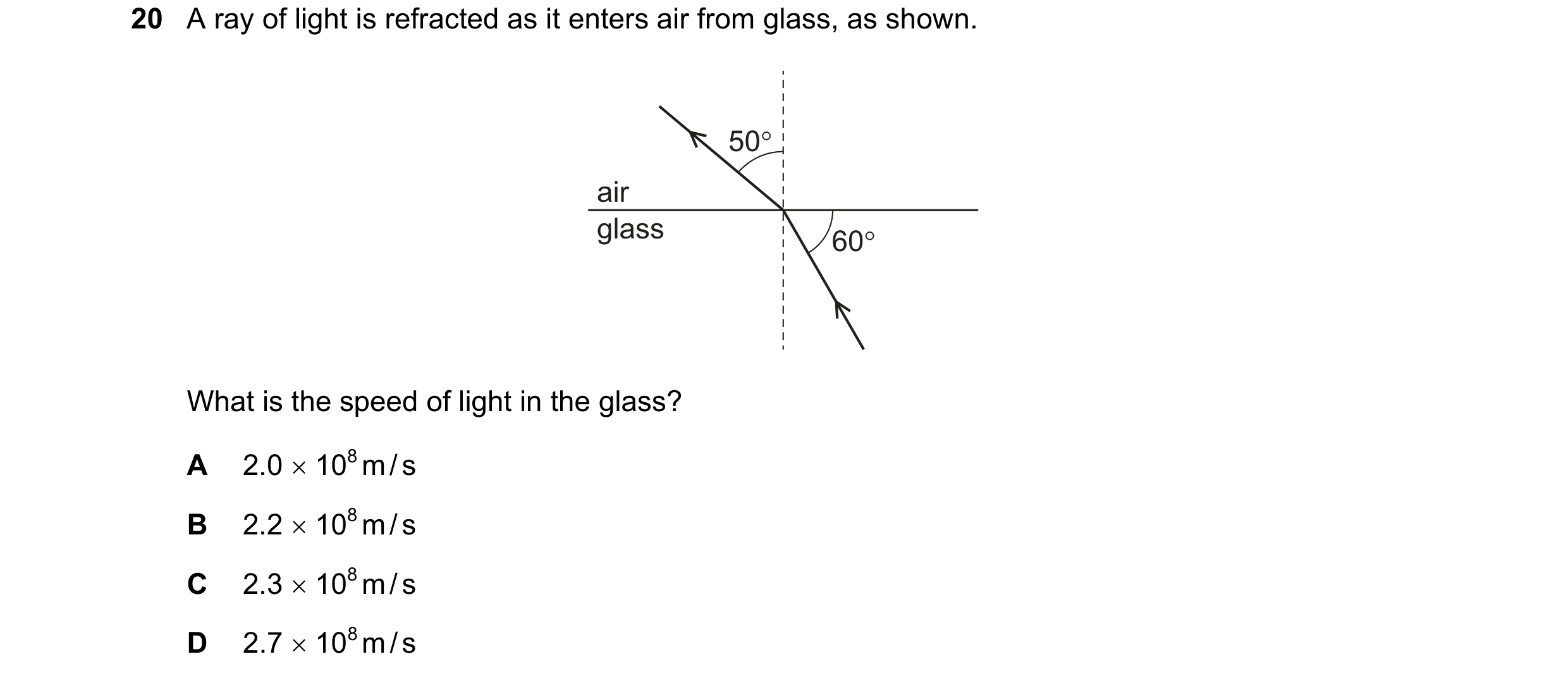 Question 166: A ray of light is refracted as it enters air from glass, as shown.

50°!

air

glass

60°

What is the speed of light in the glass?
A 2.0x1…