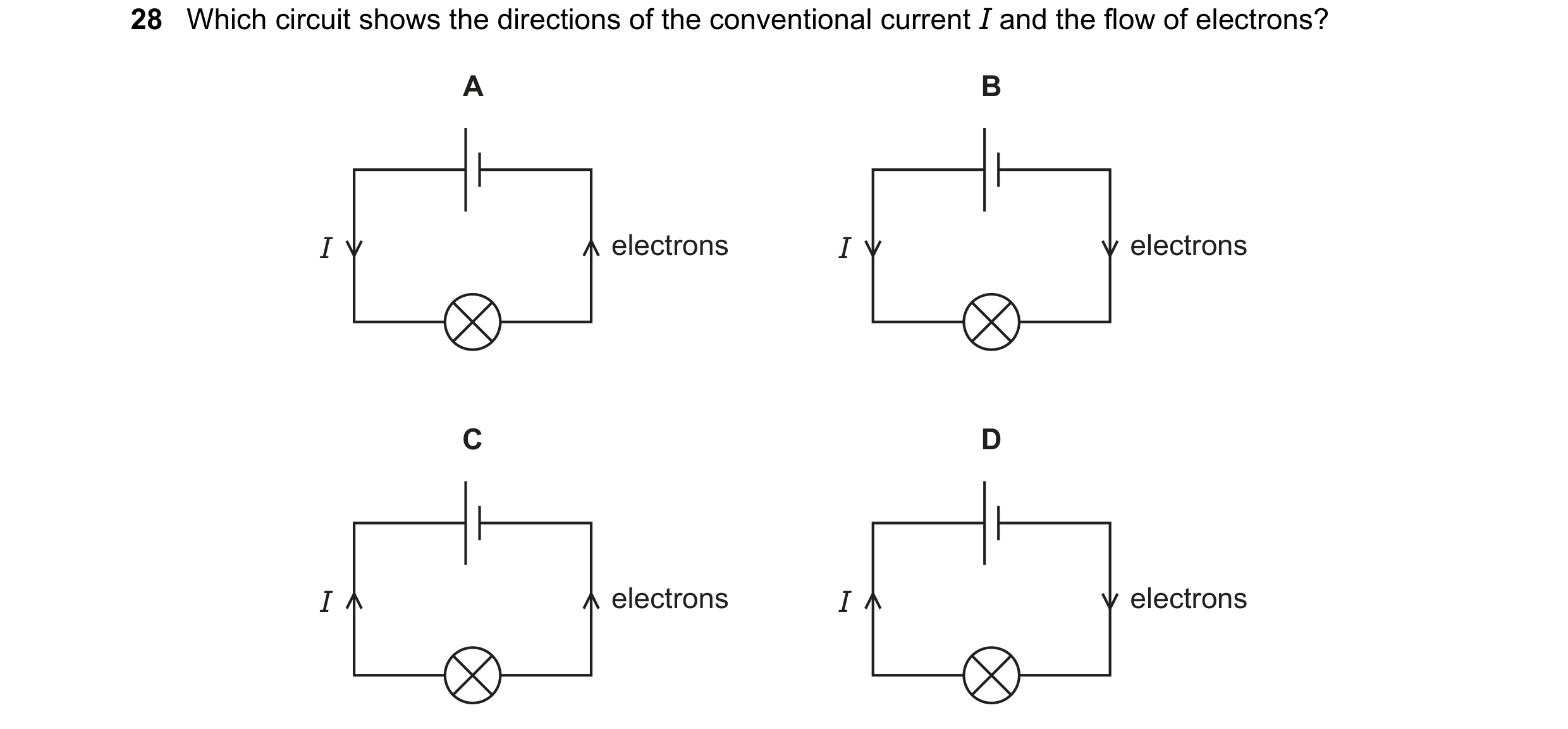 Question 197: Which circuit shows the directions of the conventional current I and the flow of electrons? A B I electrons I electrons C D I electrons I e…