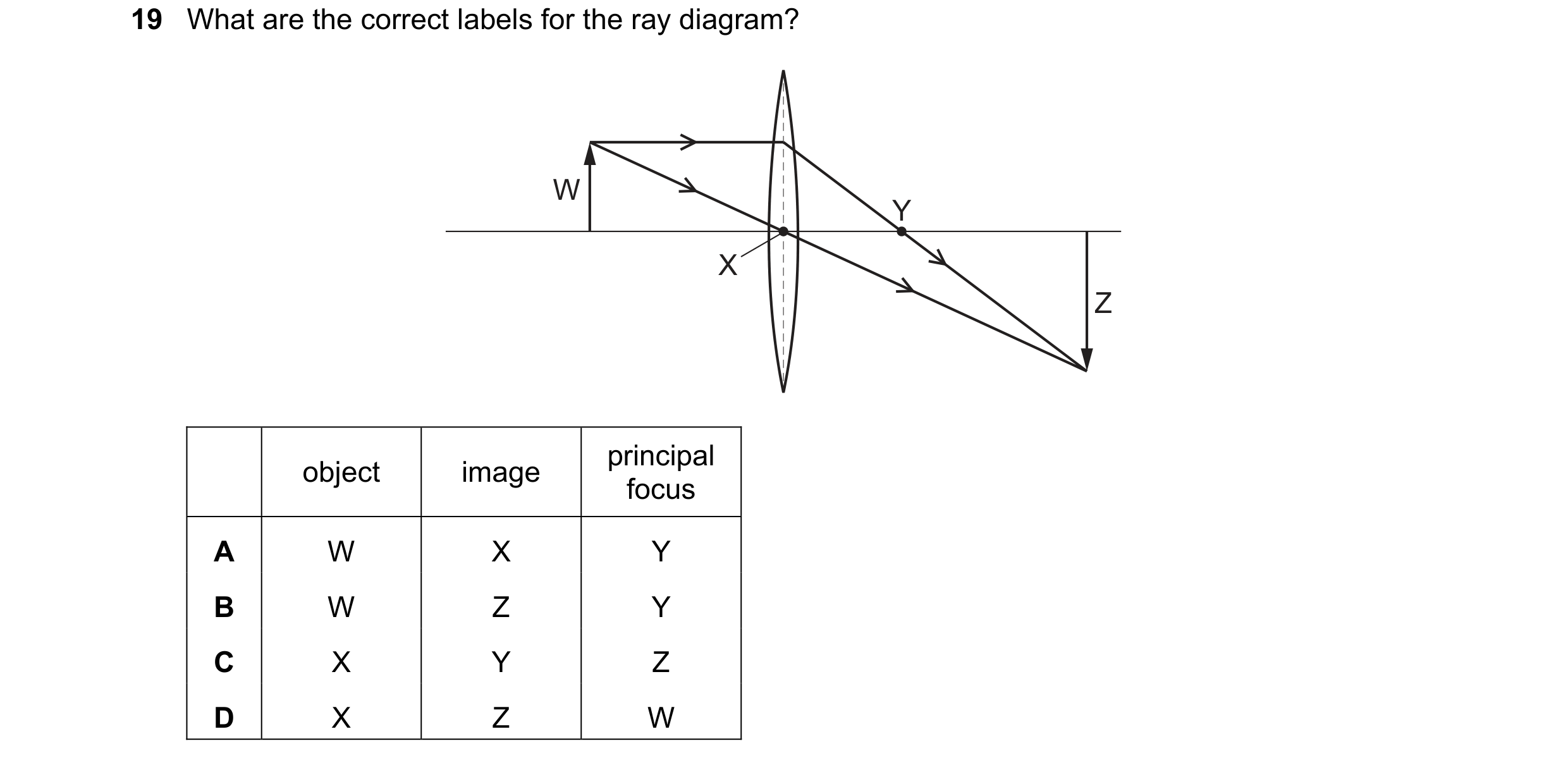 Question 194: What are the correct labels for the ray diagram? W Y X Z principal object image focus A W X Y B W Z Y C X Y Z D X Z W