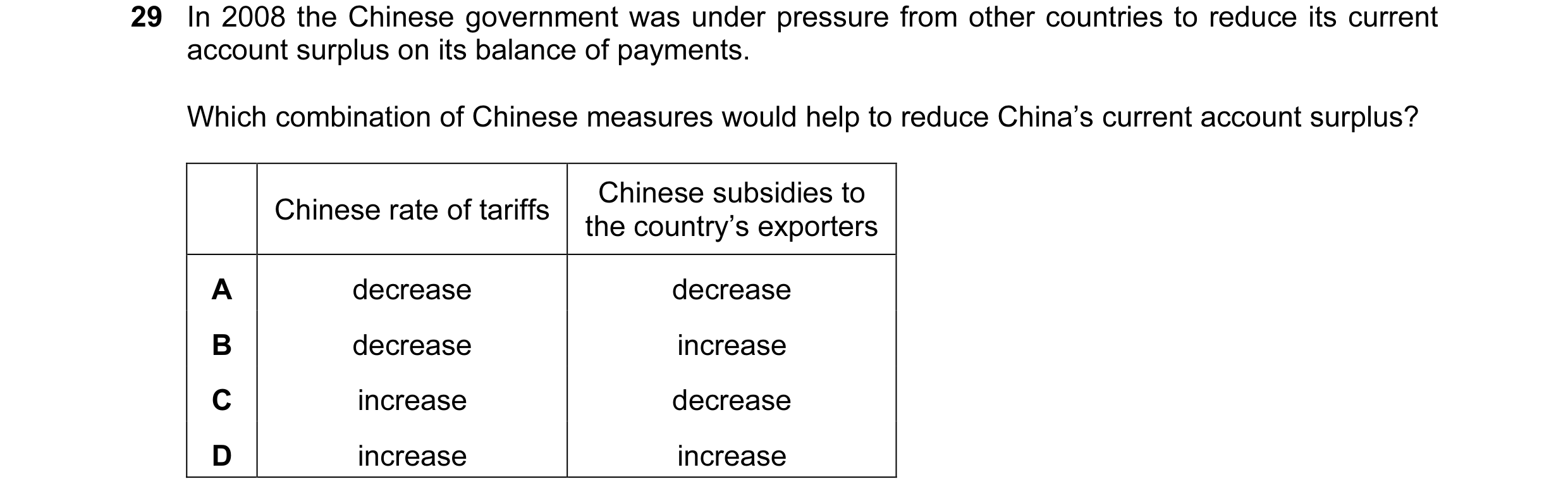 Question 27: In 2008 the Chinese government was under pressure from other countries to reduce its current account surplus on its balance of payments. Wh…
