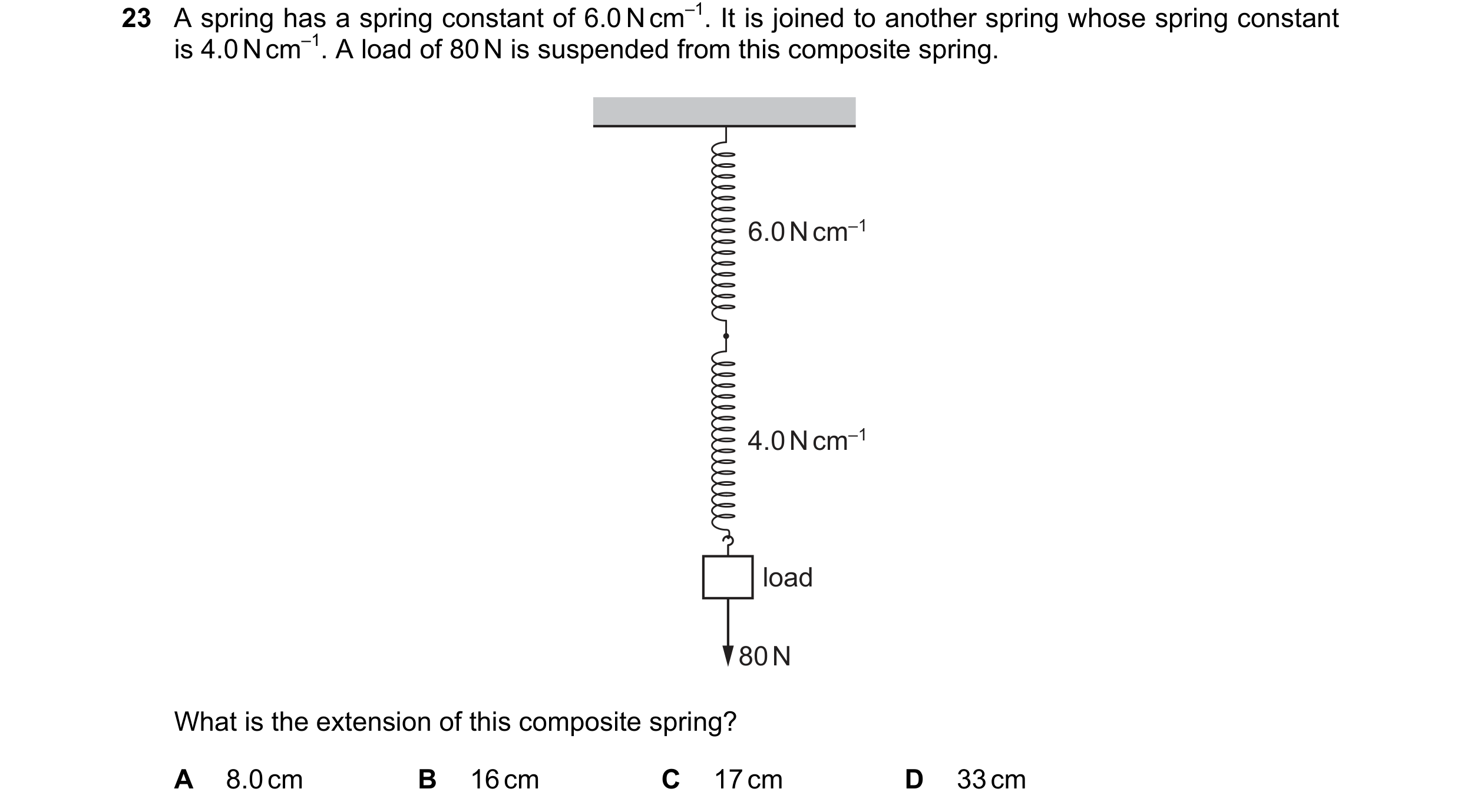 Question 130: A spring has a spring constant of 6.0 N cm–1. It is joined to another spring whose spring constant is 4.0 N cm–1. A load of 80 N is suspend…
