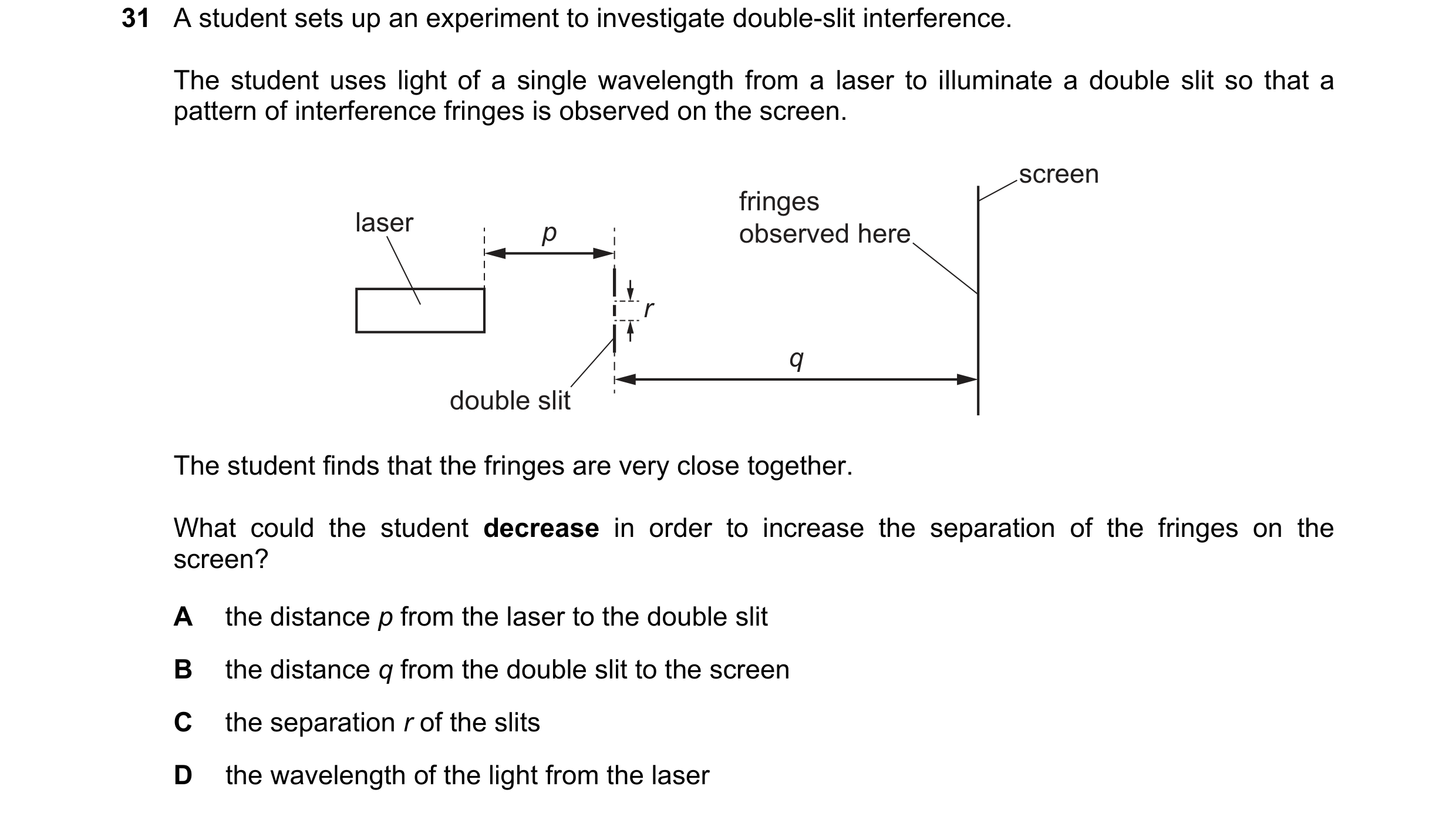 Question 108: A student sets up an experiment to investigate double-slit interference. The student uses light of a single wavelength from a laser to illu…