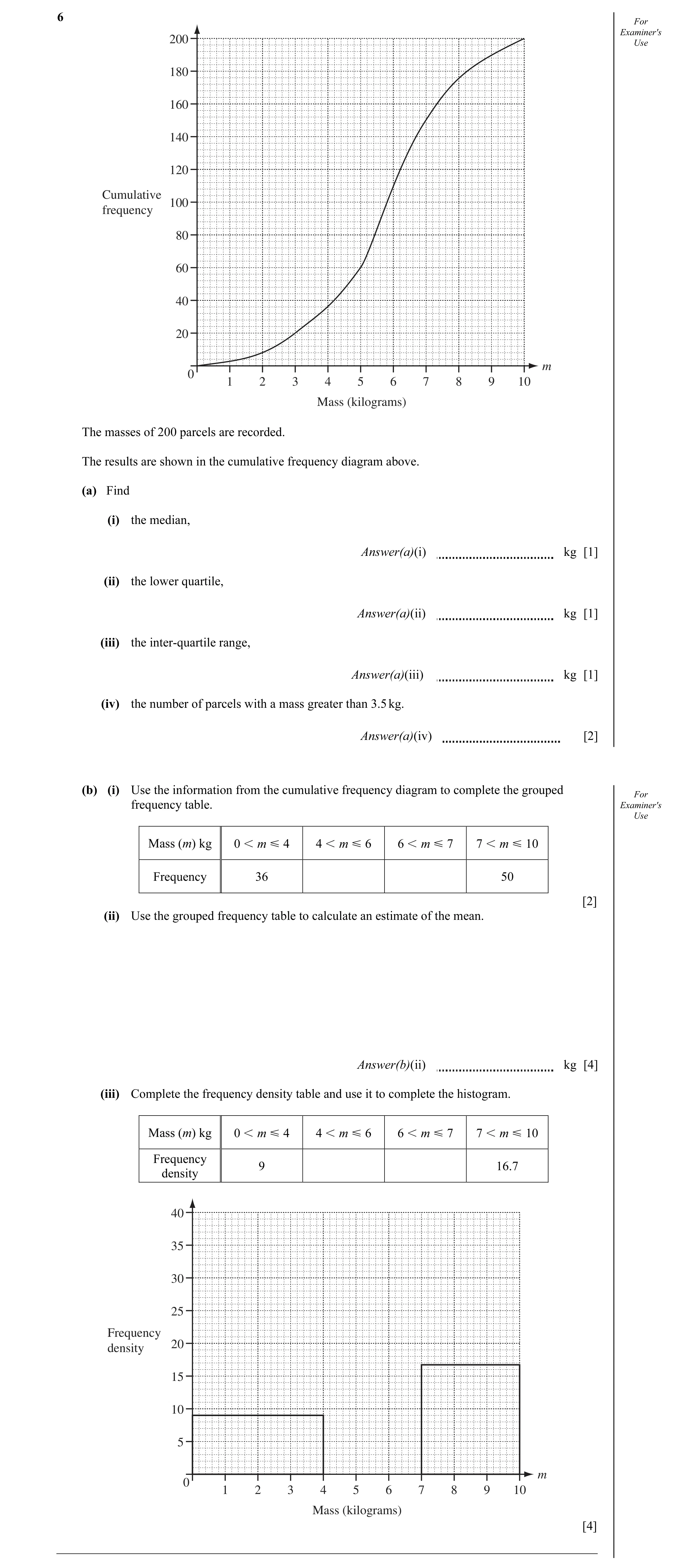 Question 5: For Examiner's 200 Use 180 160 140 120 Cumulative 100 frequency 80 60 40 20 m 0 1 2 3 4 5 6 7 8 9 10 Mass (kilograms) The masses of 200 par…