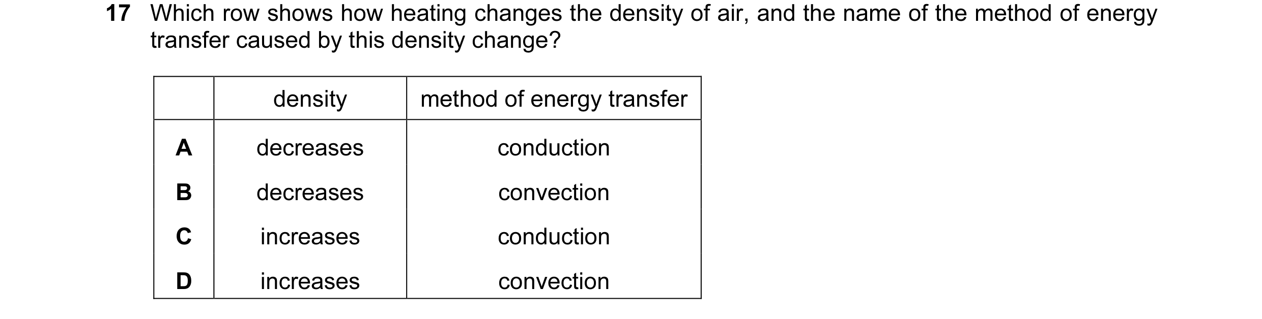 Question 75: Which row shows how heating changes the density of air, and the name of the method of energy transfer caused by this density change? densit…