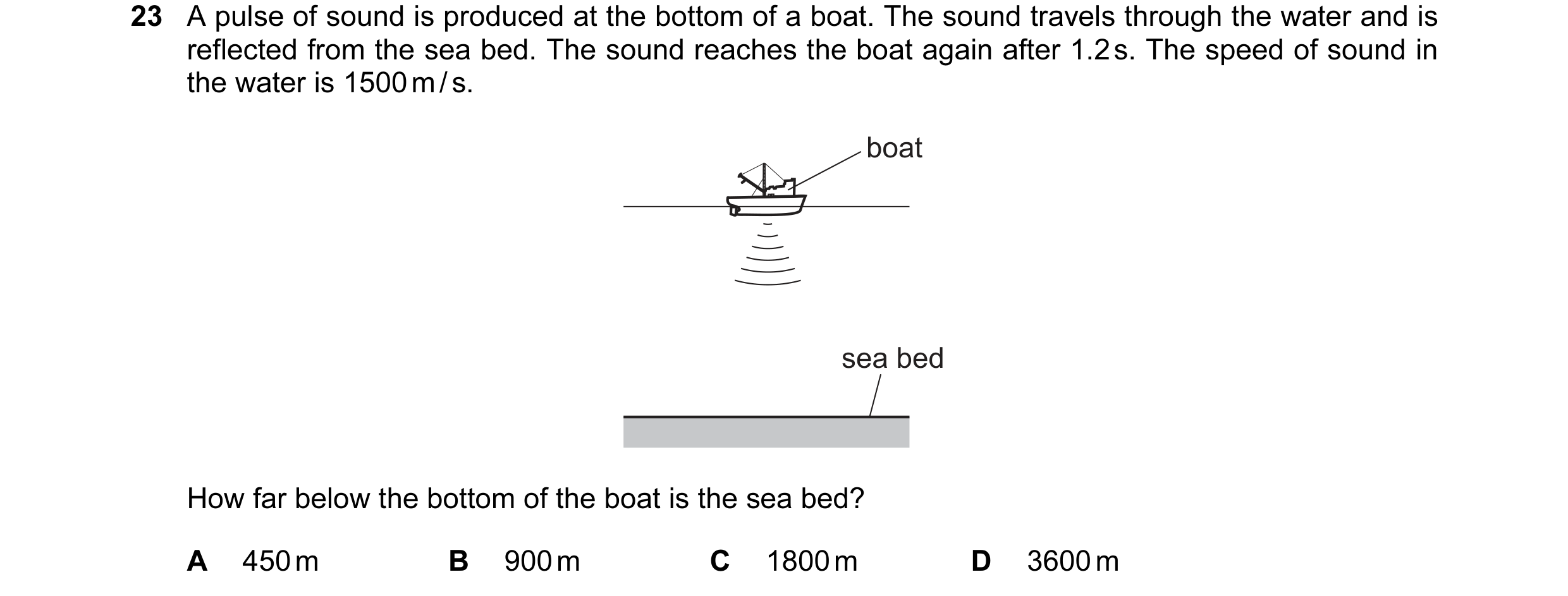 Question 97: A pulse of sound is produced at the bottom of a boat. The sound travels through the water and is reflected from the sea bed. The sound reac…